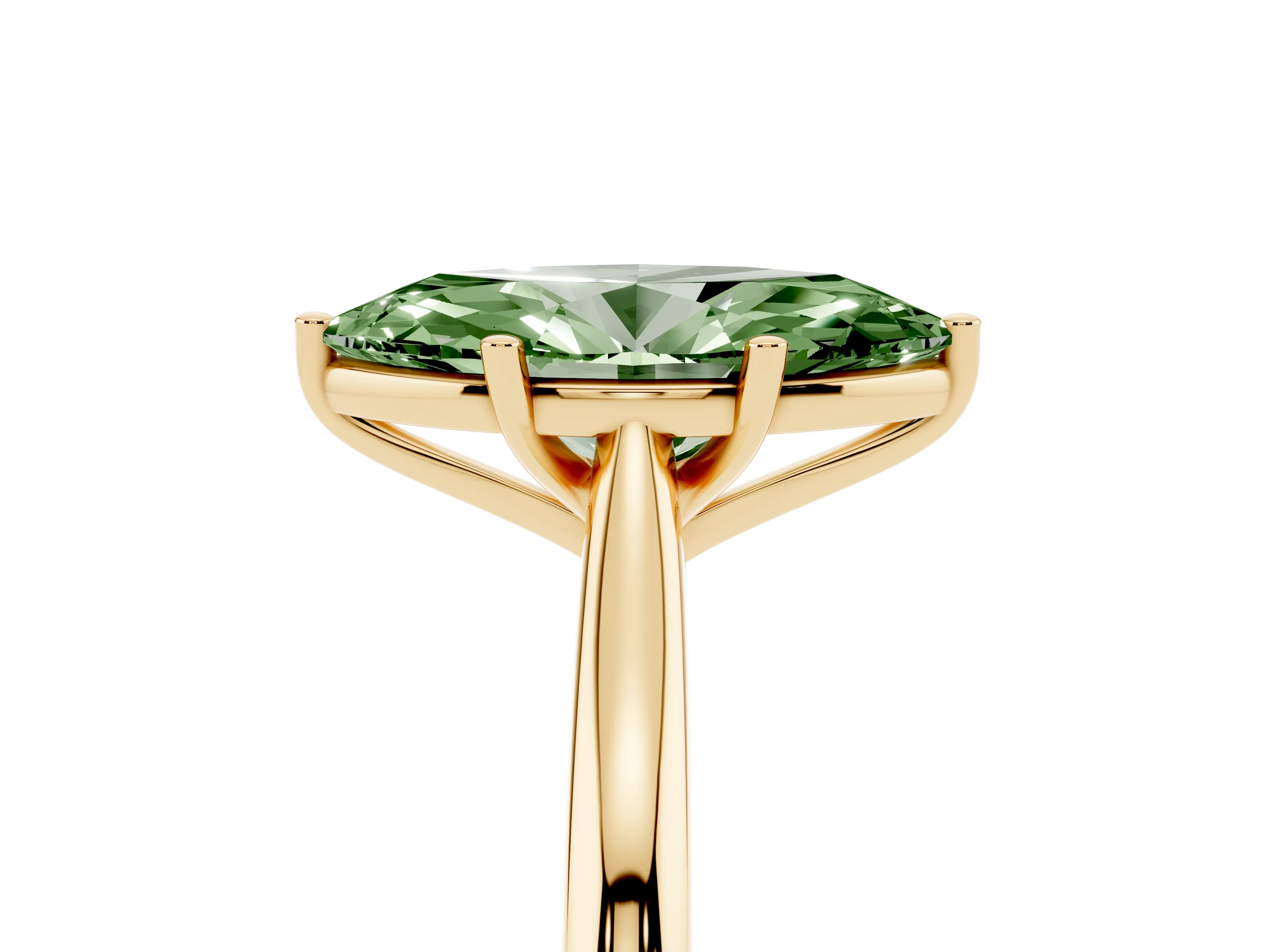 Fancy Green Marquise Cut Diamond Solitaire Ring Set in Yellow gold with Cathedral Band and Prong Setting