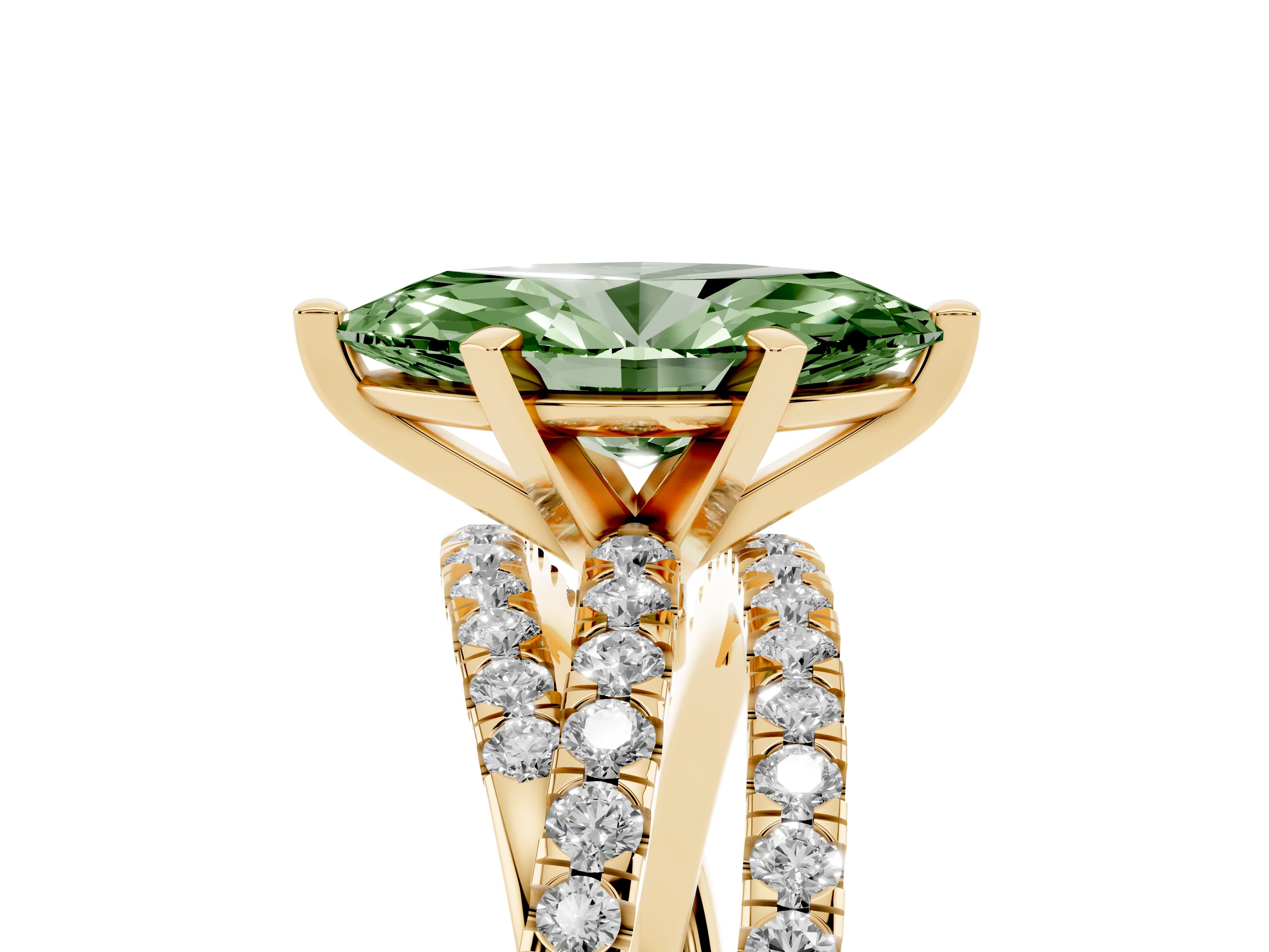 Fancy Green Marquise Cut Diamond Solitaire Twist Band Ring Set in Yellow gold with Pavé Setting and Prong Head