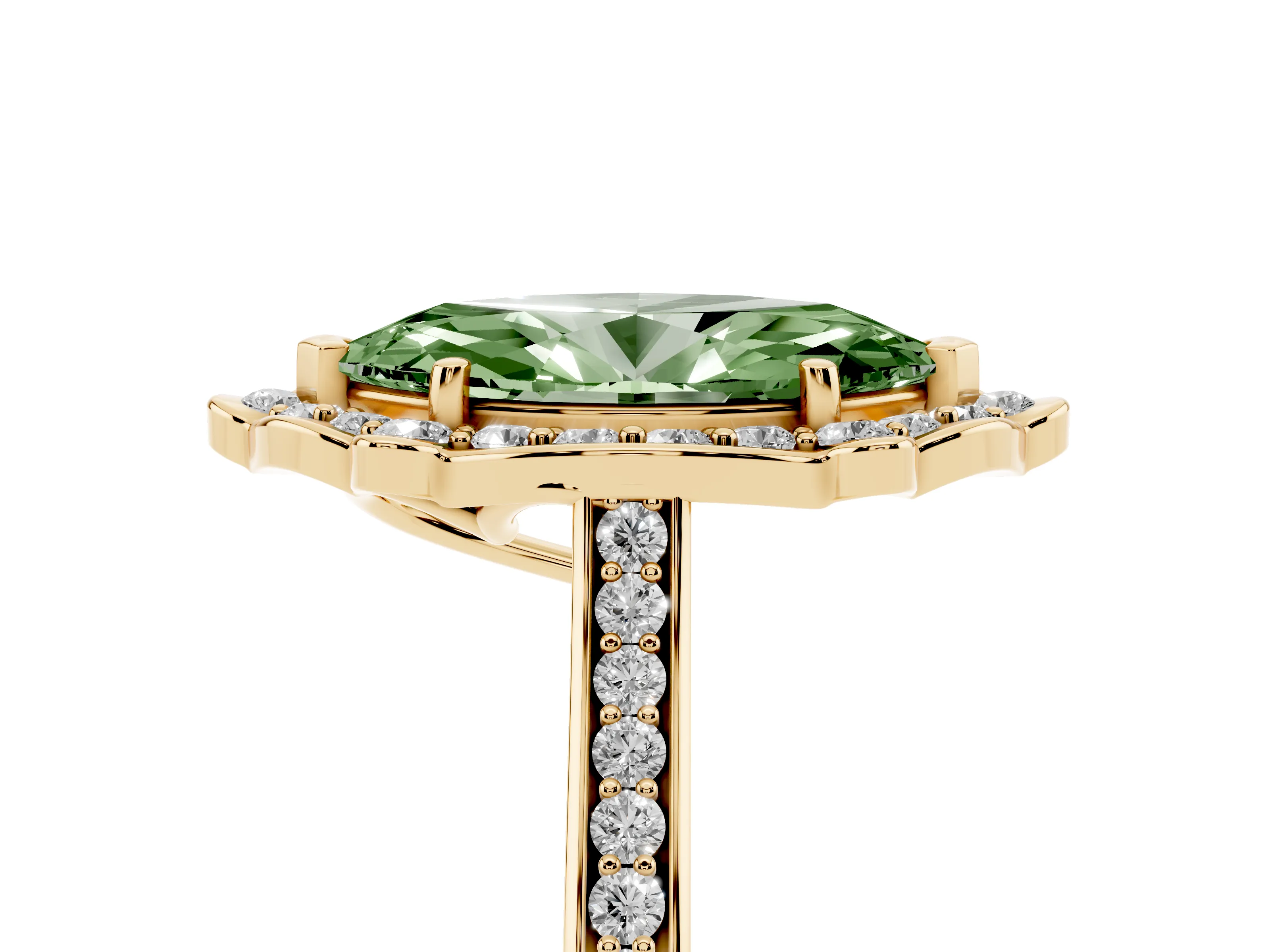 Fancy Green Marquise Cut Diamond Halo Ring Set in Yellow gold with Pavé-Lined Shoulders and Prong Setting