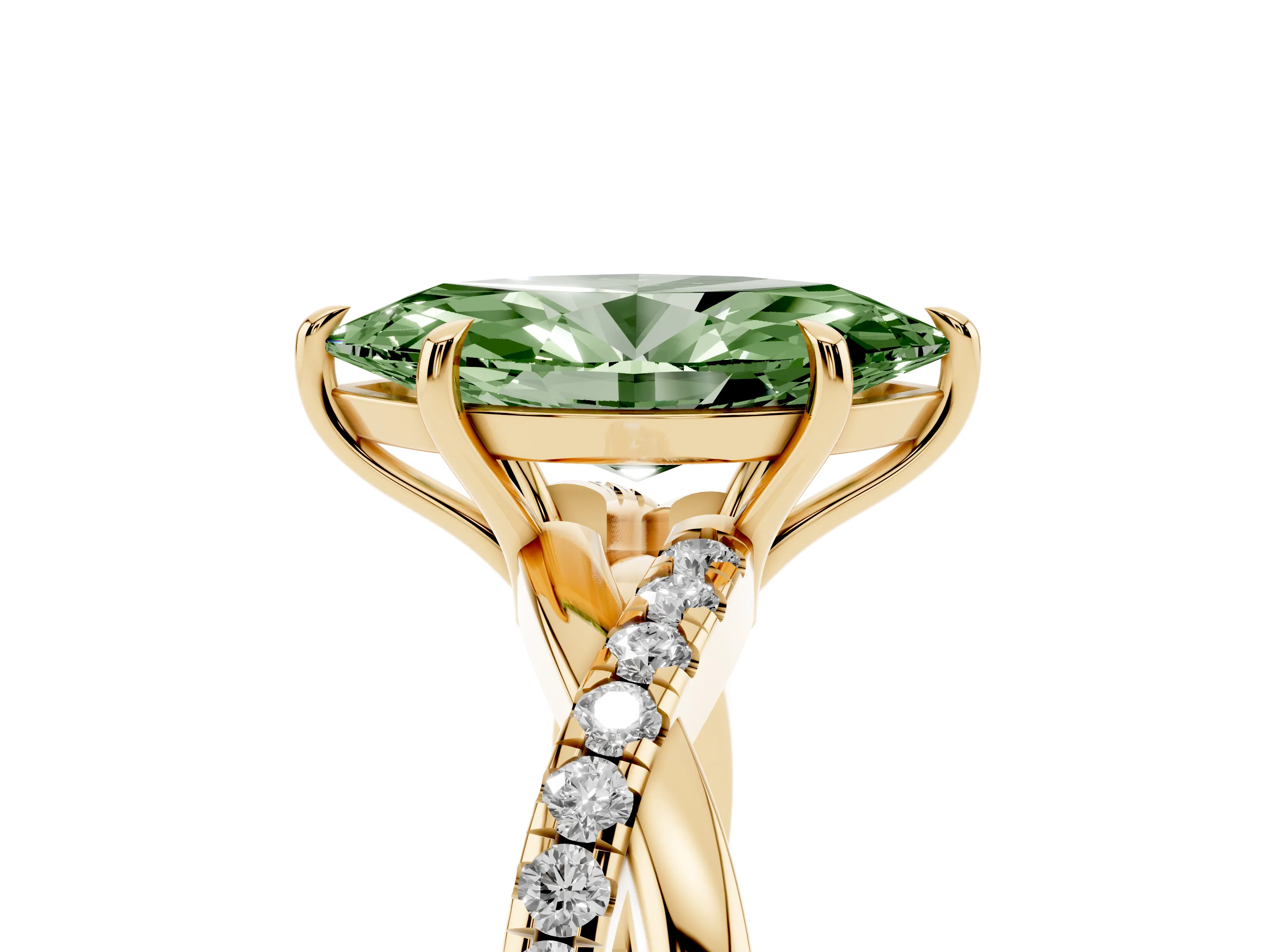 Fancy Green Marquise Cut Diamond Twisted Pavé Band Ring Set in Yellow gold with Prong Setting