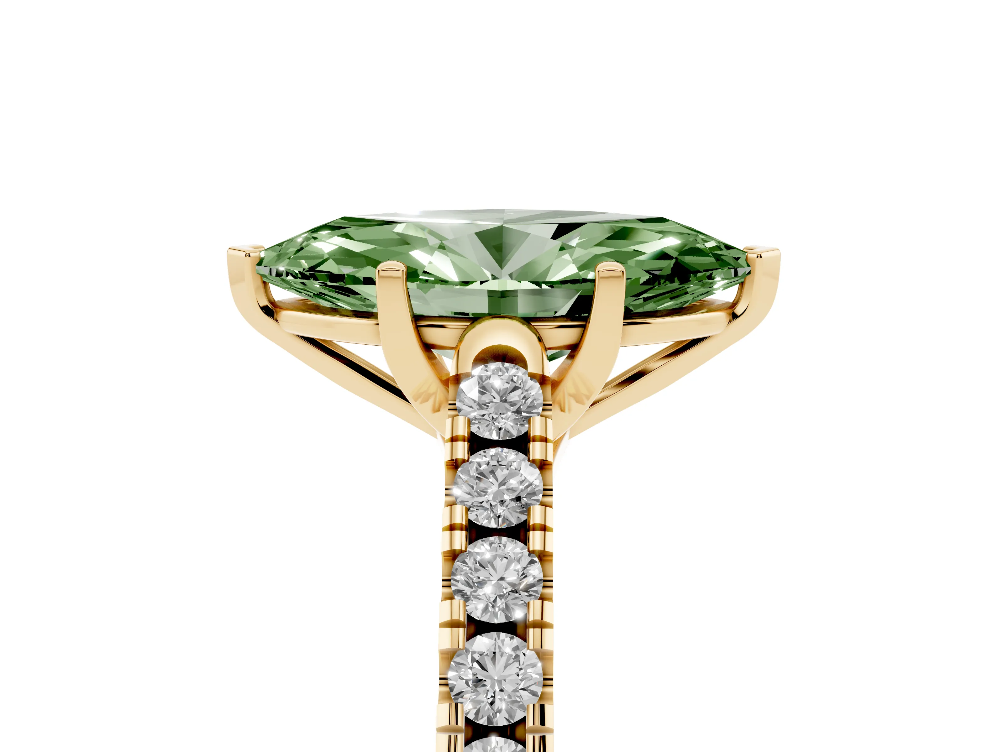 Fancy Green Marquise Cut Diamond Pavé Band Solitaire Ring Set in Yellow gold with Partway Accent Stones and Prong Setting