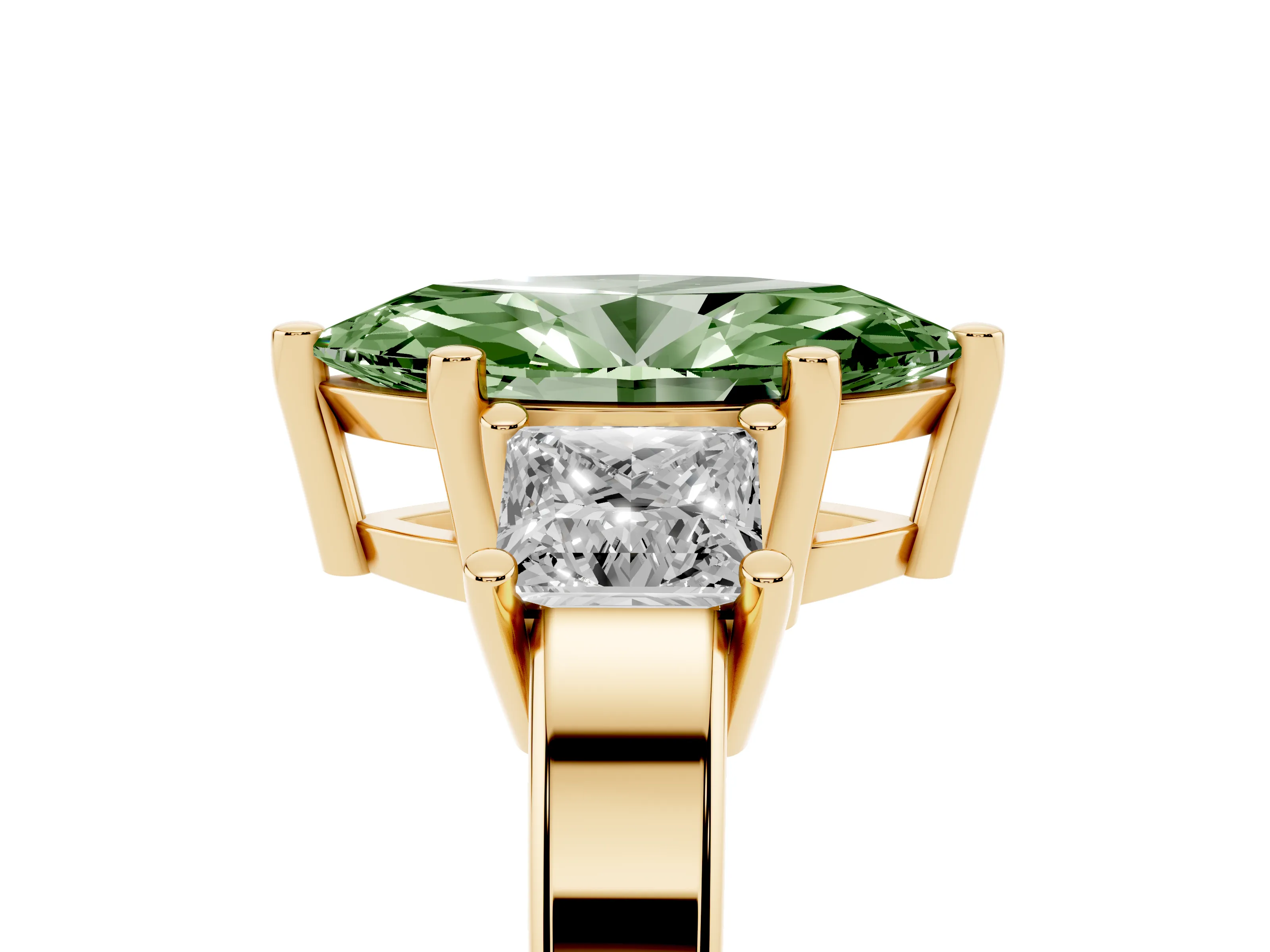 Fancy Green Three-Stone Marquise Cut Diamond Solitaire Ring Set in Yellow gold with Prong Setting
