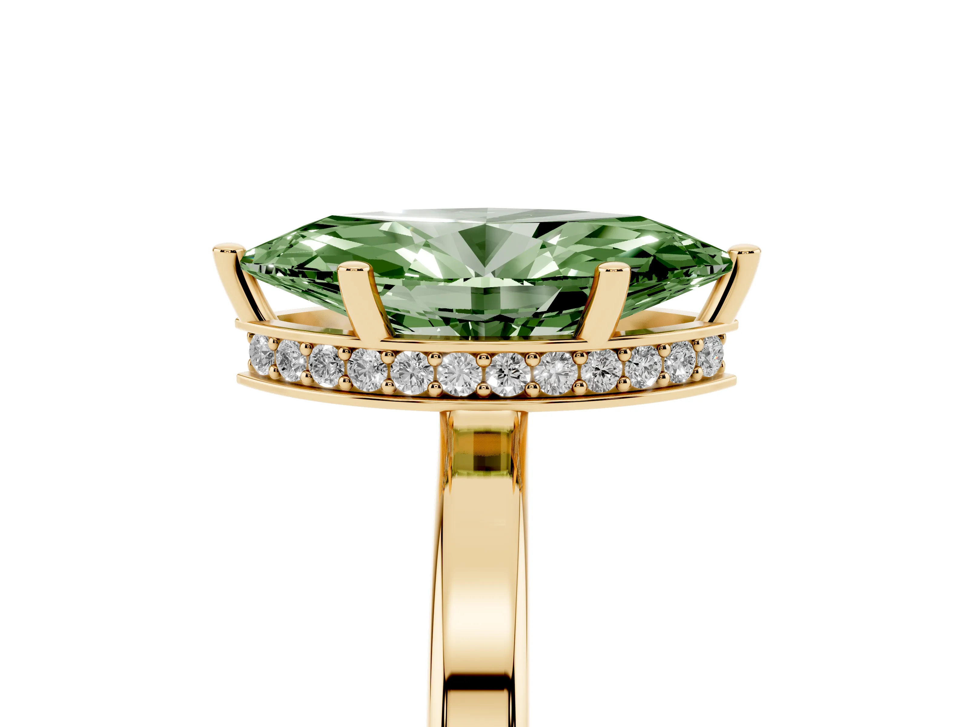 Fancy Green Marquise Cut Diamond Solitaire Engagement Ring Set in Yellow gold with Prong Setting on a Plain Band