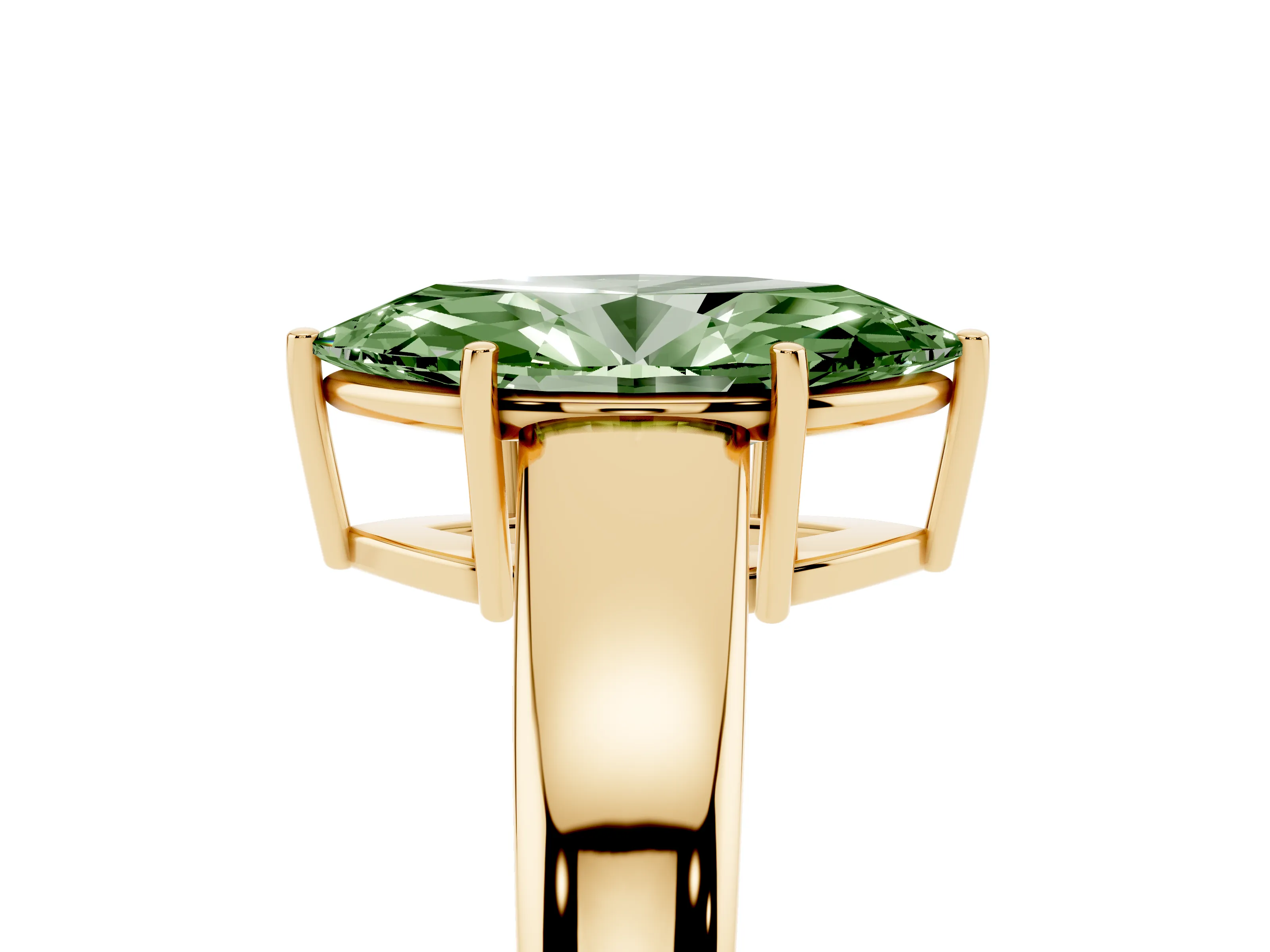 Fancy Green Marquise Cut Diamond Solitaire Ring Set in Yellow gold with Tapered Band and Prong Setting