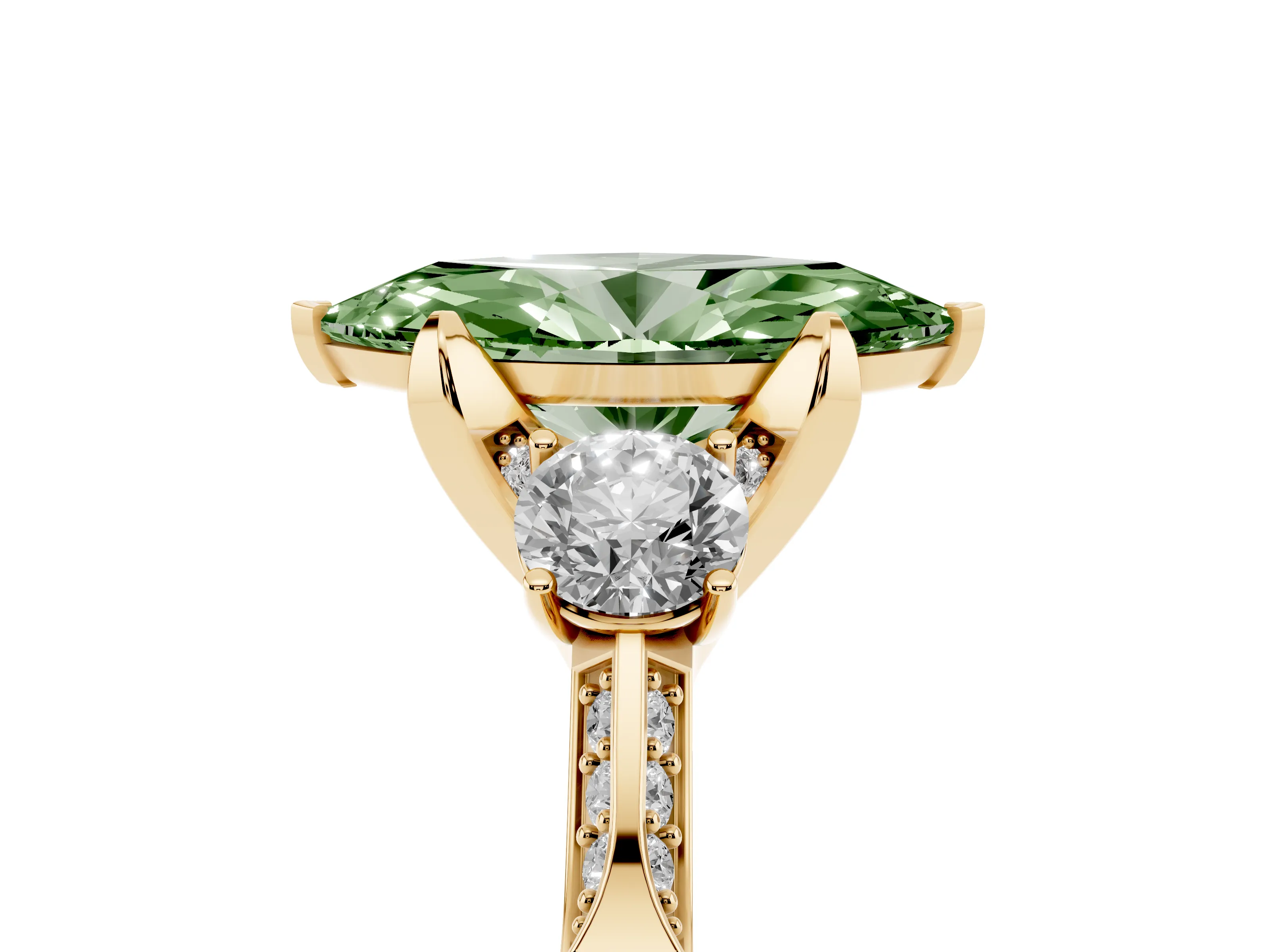 Fancy Green Marquise Cut Diamond Three-Stone Ring Set in Yellow gold with Pavé Band and Smaller Side Stones