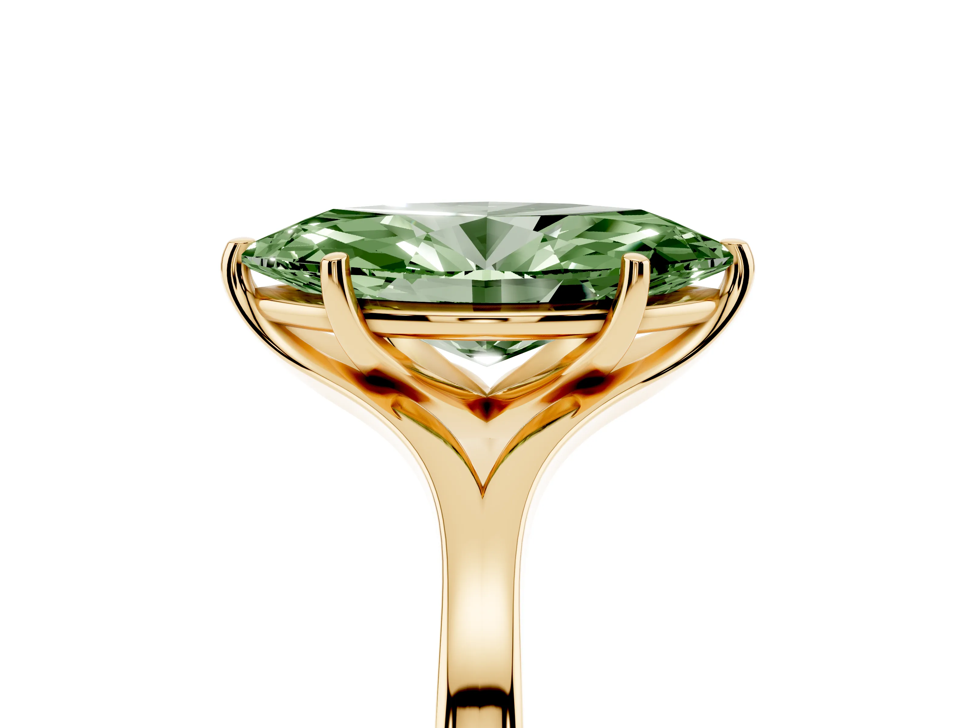 Fancy Green Marquise Cut Diamond Solitaire Ring Set in Yellow gold with Polished Tapered Band and Prong Setting