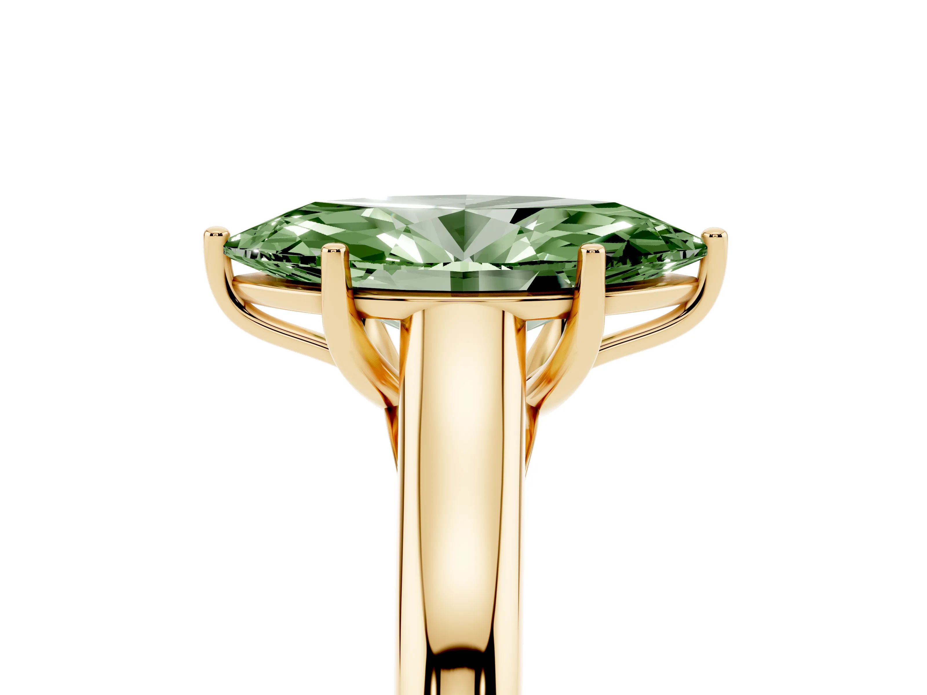 Fancy Green Marquise Cut Diamond Solitaire Engagement Ring Set in Yellow gold with Subtly Tapered Band and Prong Setting