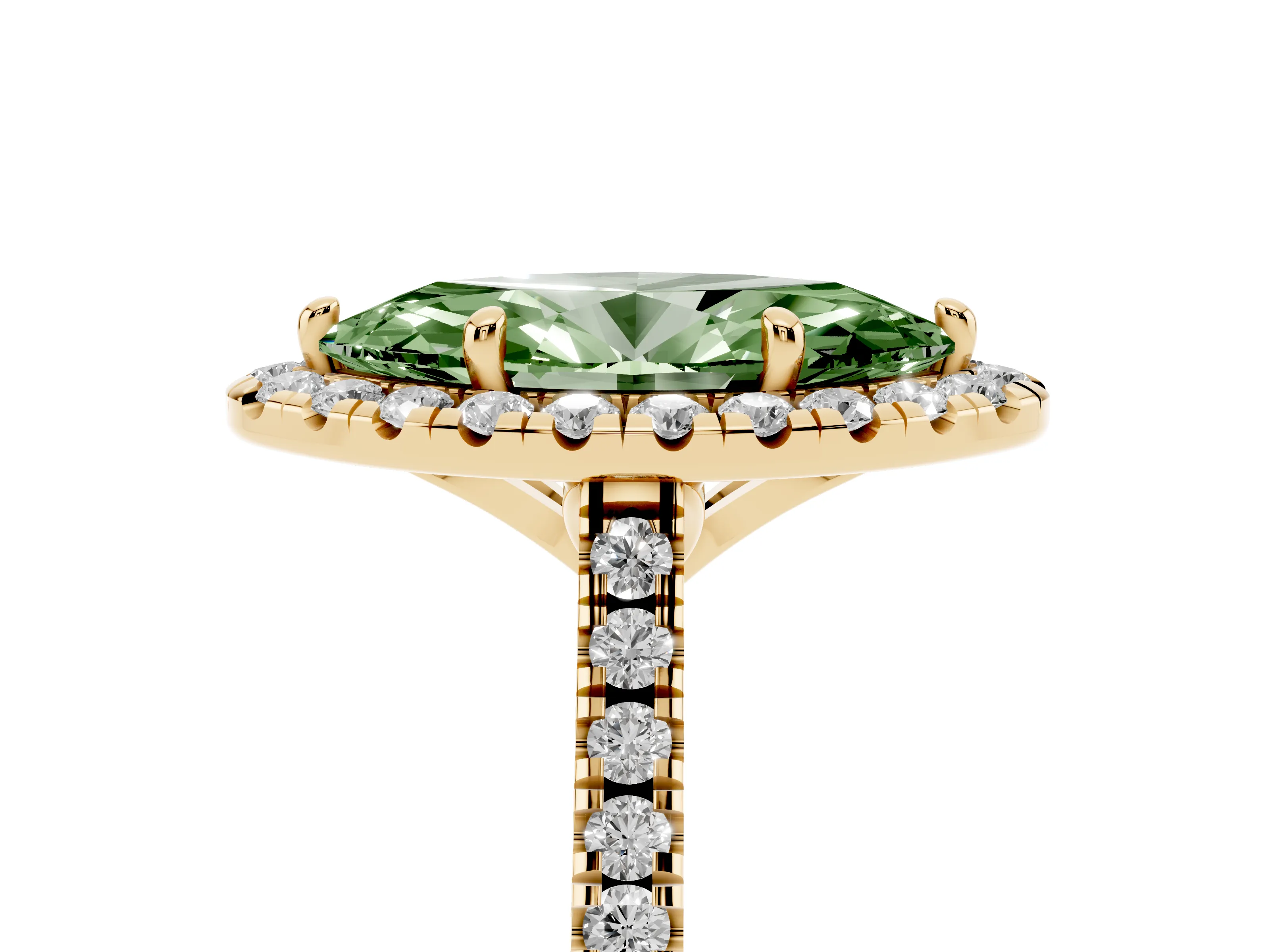 Fancy Green Marquise Cut Diamond Cushion Halo Ring Set in Yellow gold with Pavé Band