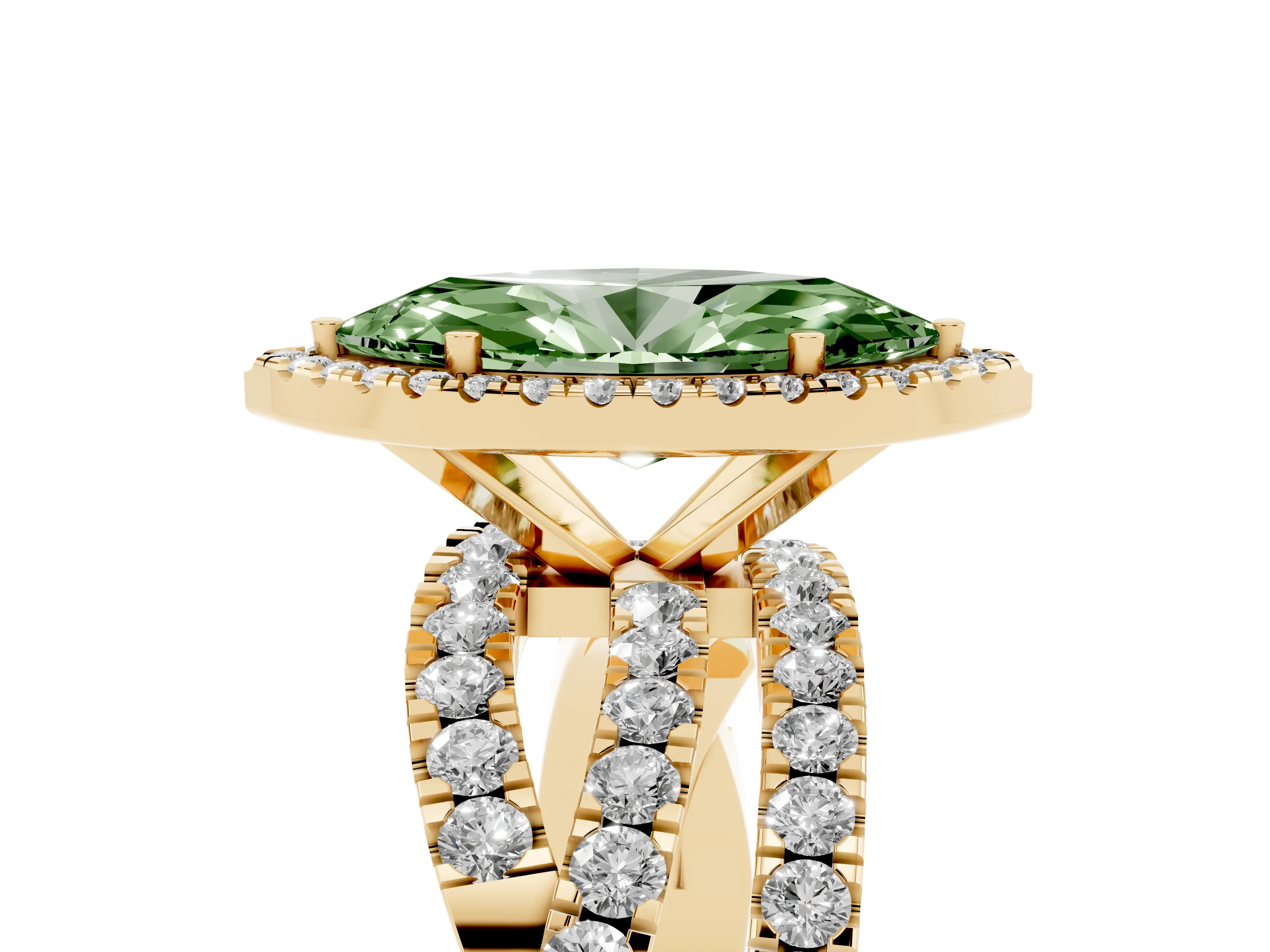 Fancy Green Marquise Cut Diamond Halo Ring Set in Yellow gold with Round Crossover Split Shank and Prong Setting