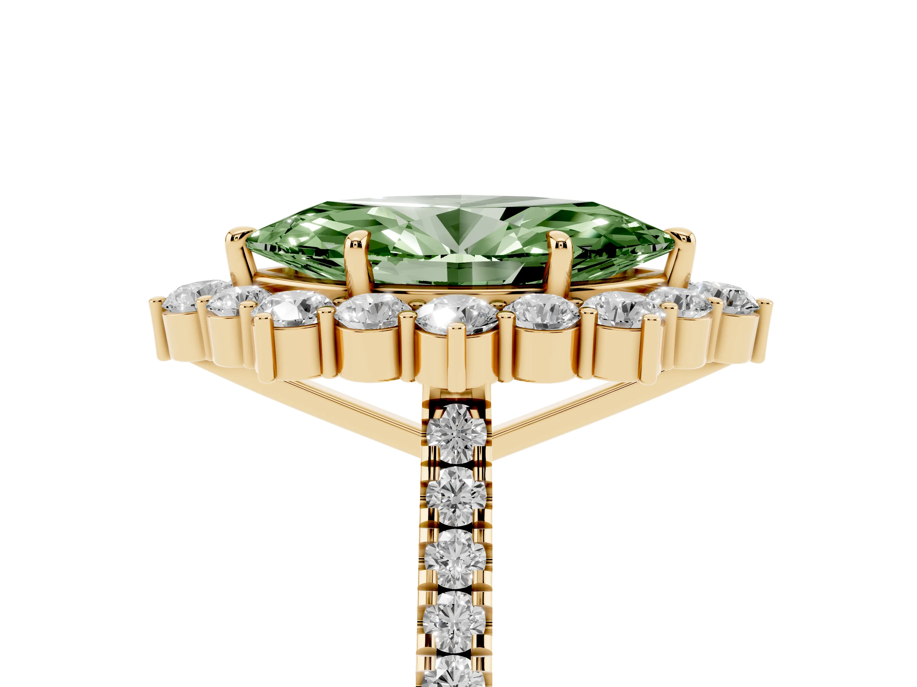 Fancy Green Marquise Cut Diamond Halo Ring Set in Yellow gold with Pavé Band and Prong Setting