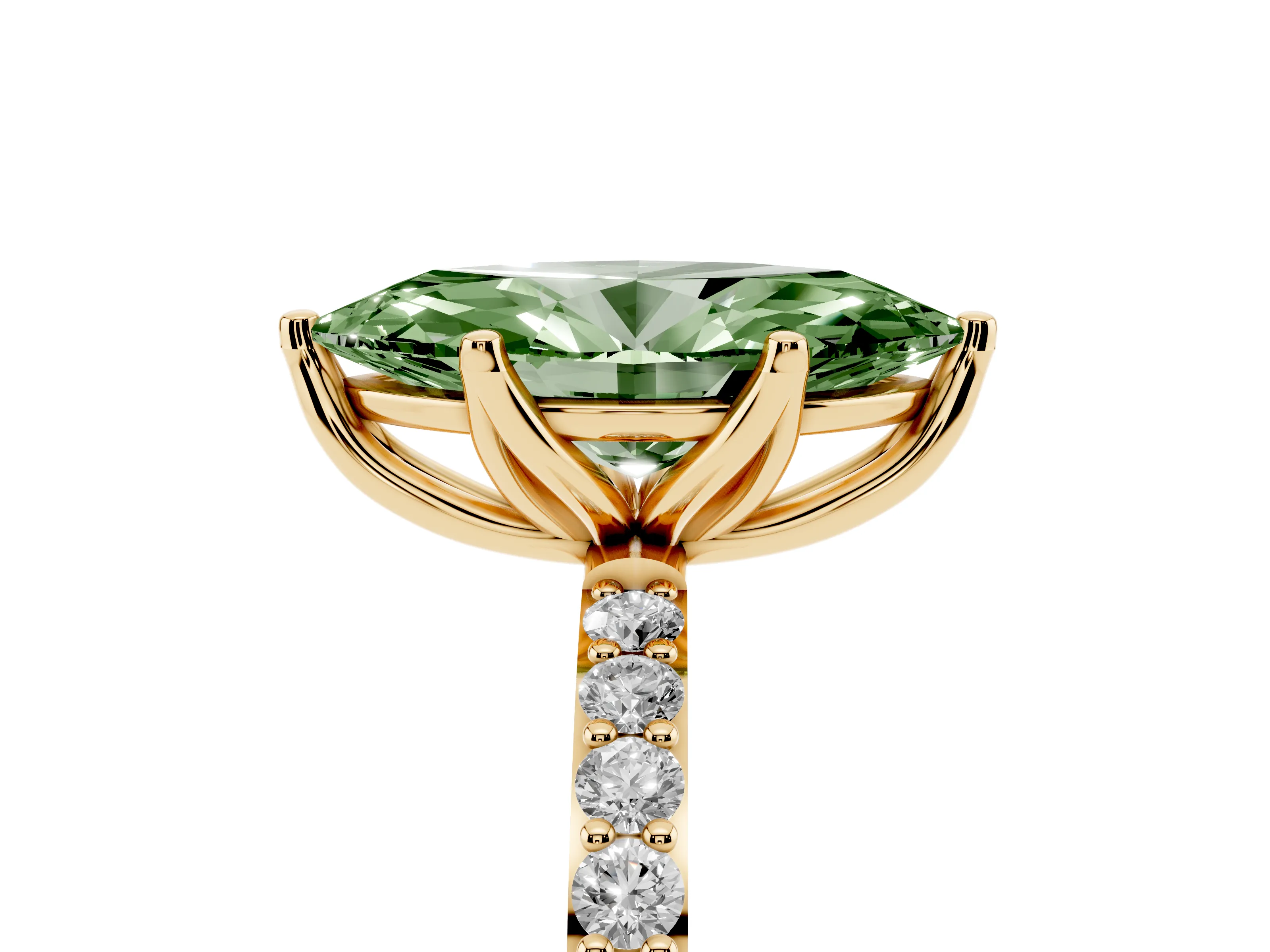 Fancy Green Marquise Cut Diamond Solitaire Engagement Ring Set in Yellow gold with Round Pavé Band and Prong Setting
