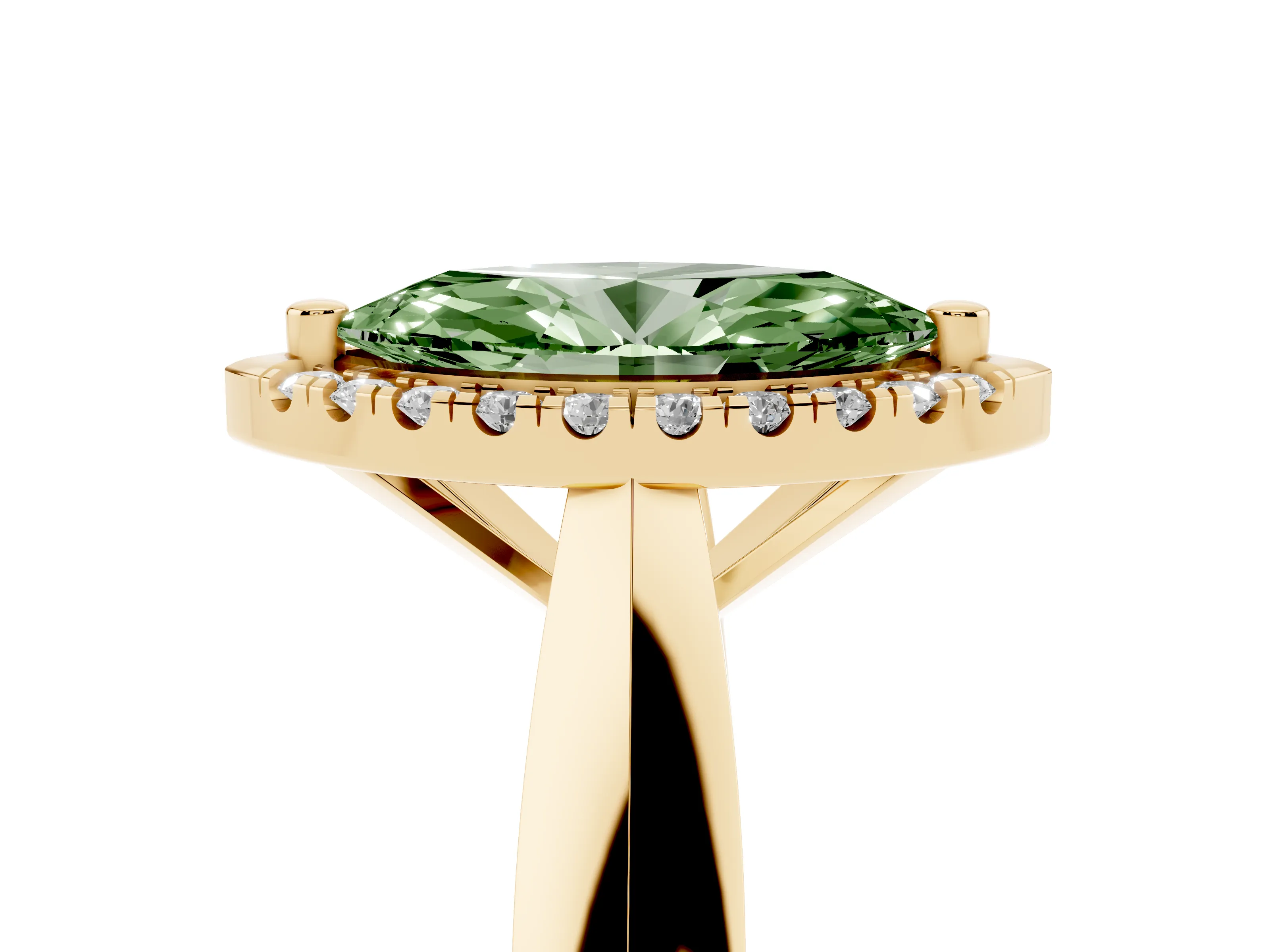 Fancy Green Marquise Cut Diamond Halo Solitaire Engagement Ring Set in Yellow gold with Square Band and Prong Setting