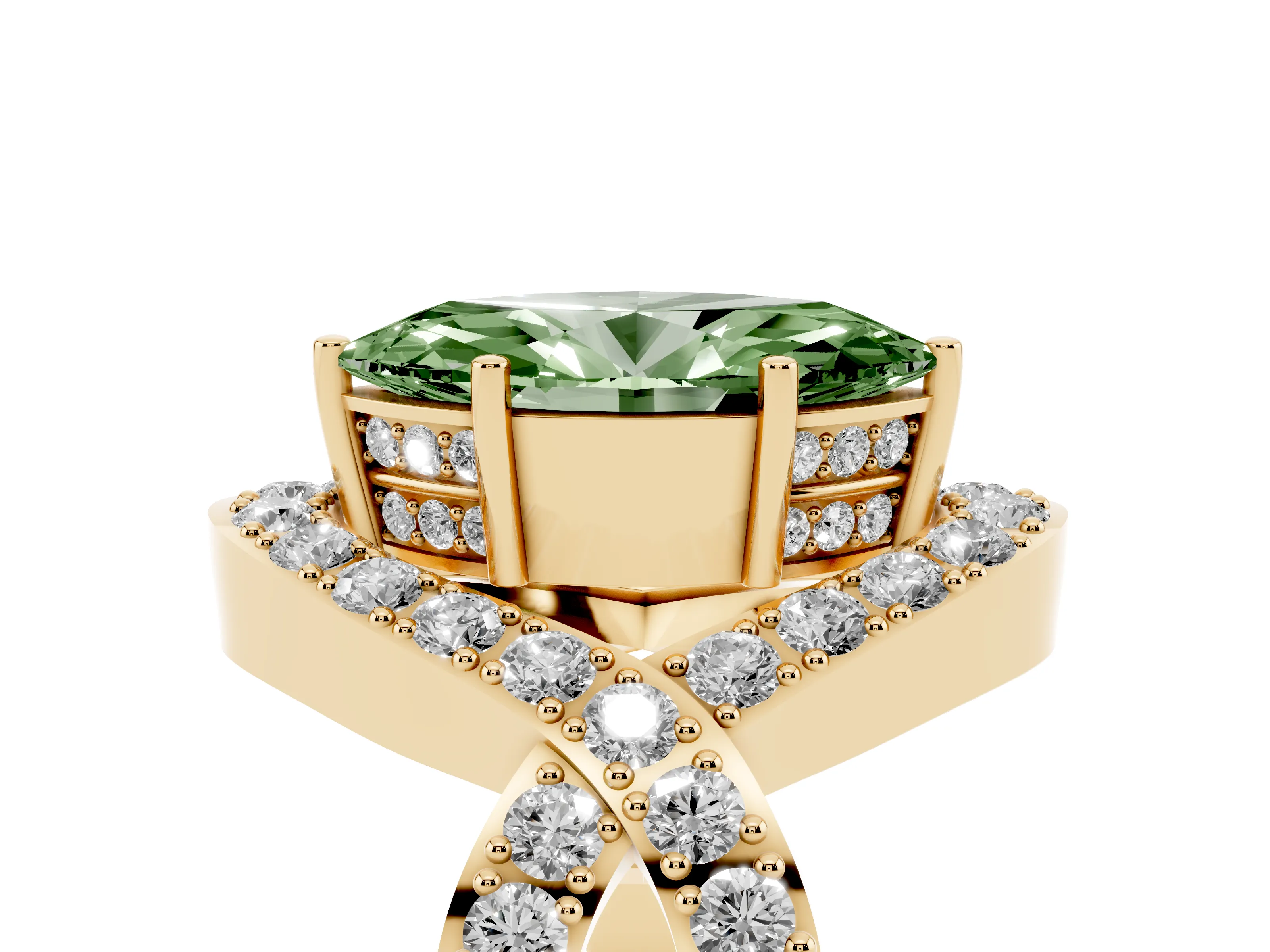 Fancy Green Marquise Cut Diamond Solitaire Twist Band Pavé Engagement Ring Set in Yellow gold