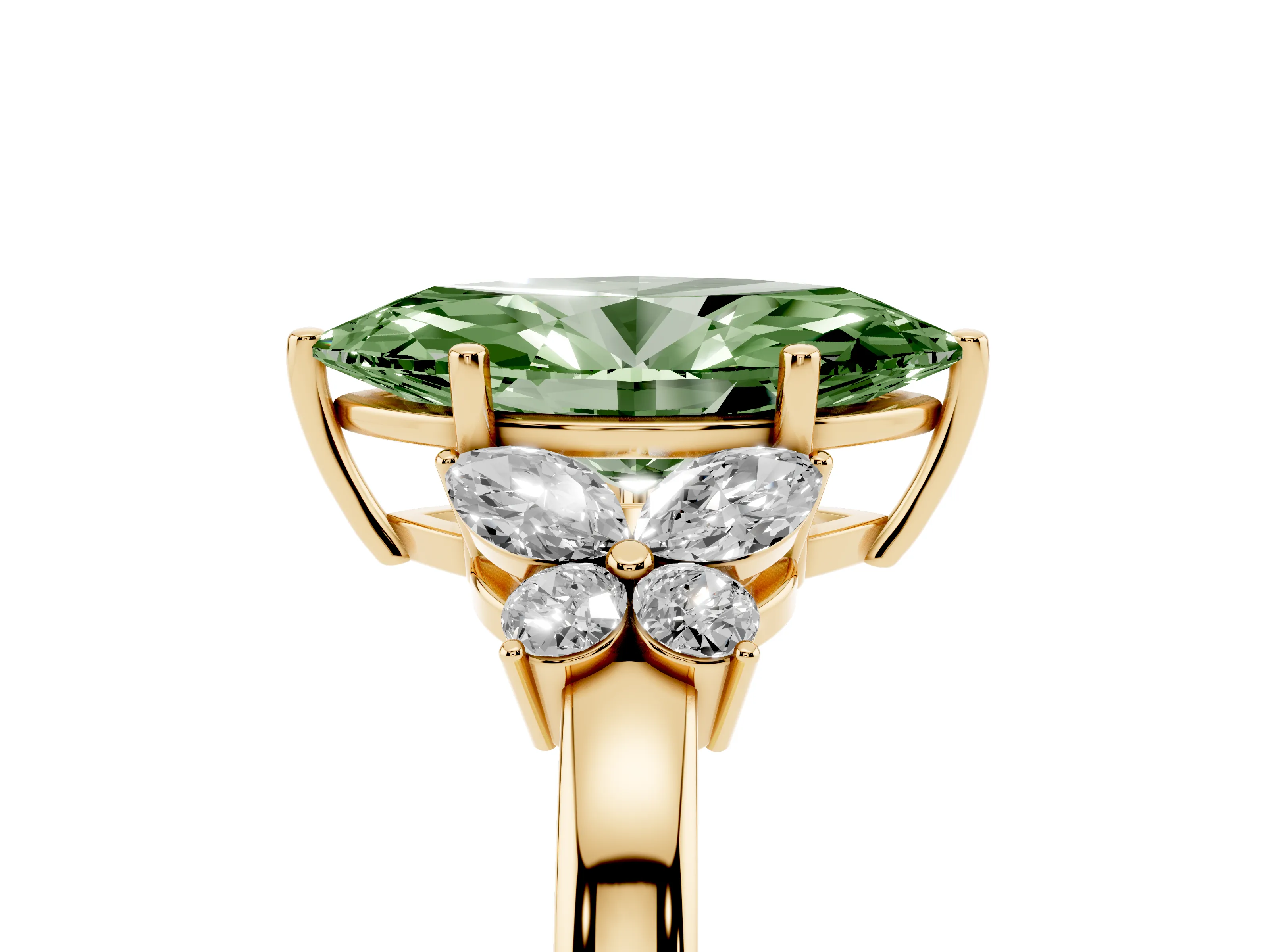 Fancy Green Marquise Cut Diamond Solitaire Floral Ring Set in Yellow gold with Marquise Petals and Prong Setting