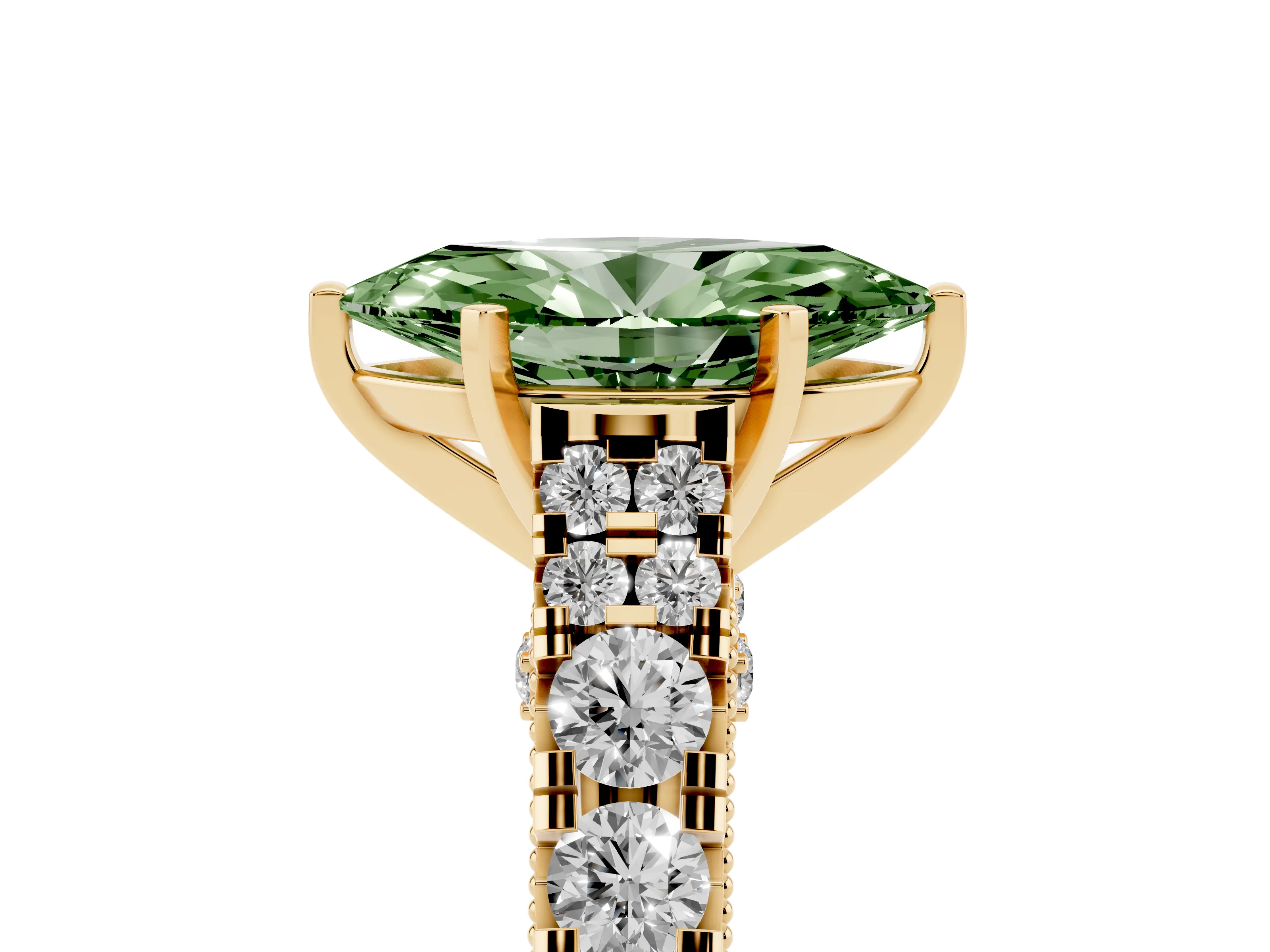 Fancy Green Marquise Cut Diamond Classic Solitaire Ring Set in Yellow gold with Pavé Band and Prong Setting