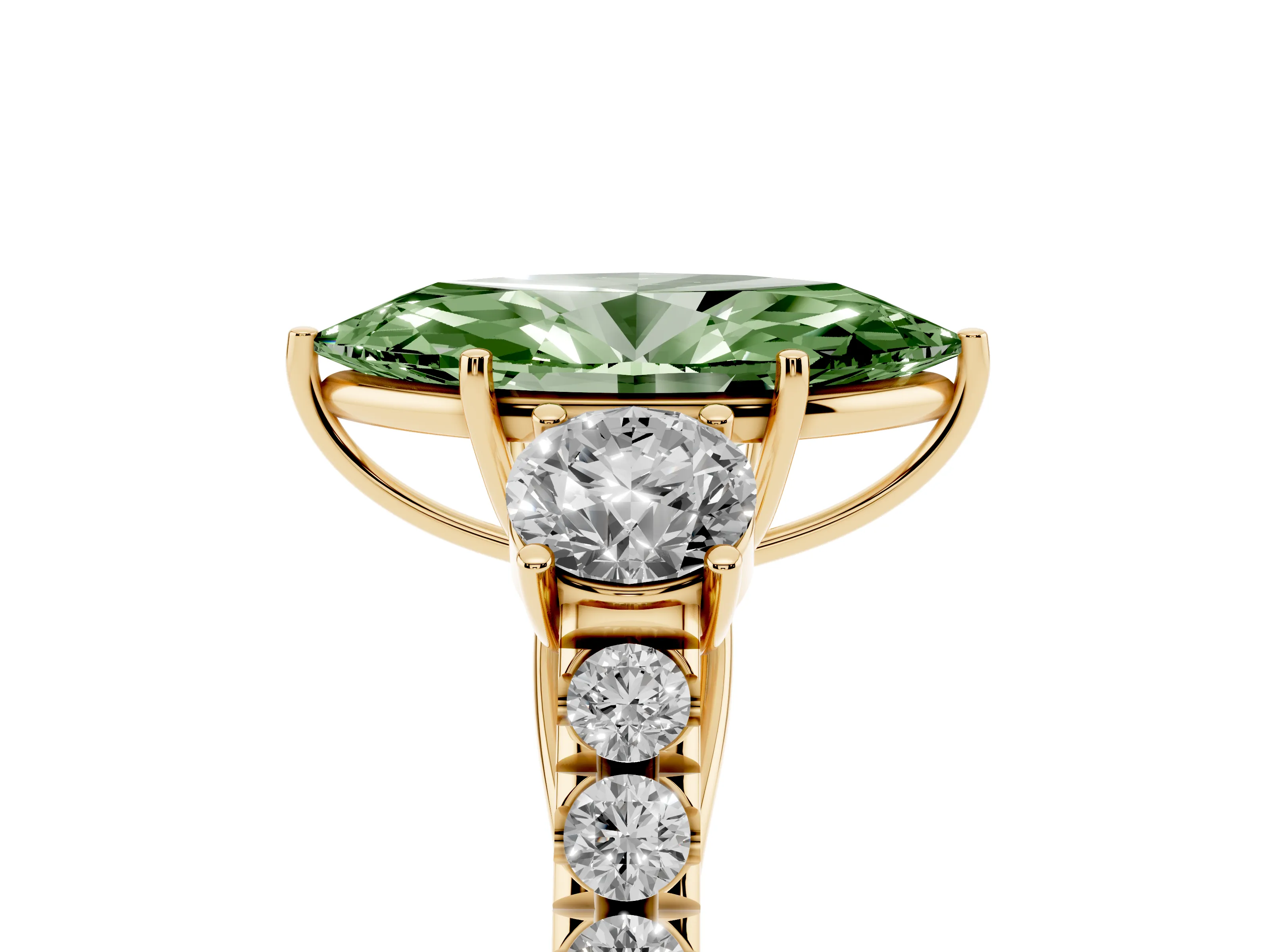 Fancy Green Marquise Cut Diamond Three-Stone Ring Set in Yellow gold with Round Side Stones and Delicate Pavé Band