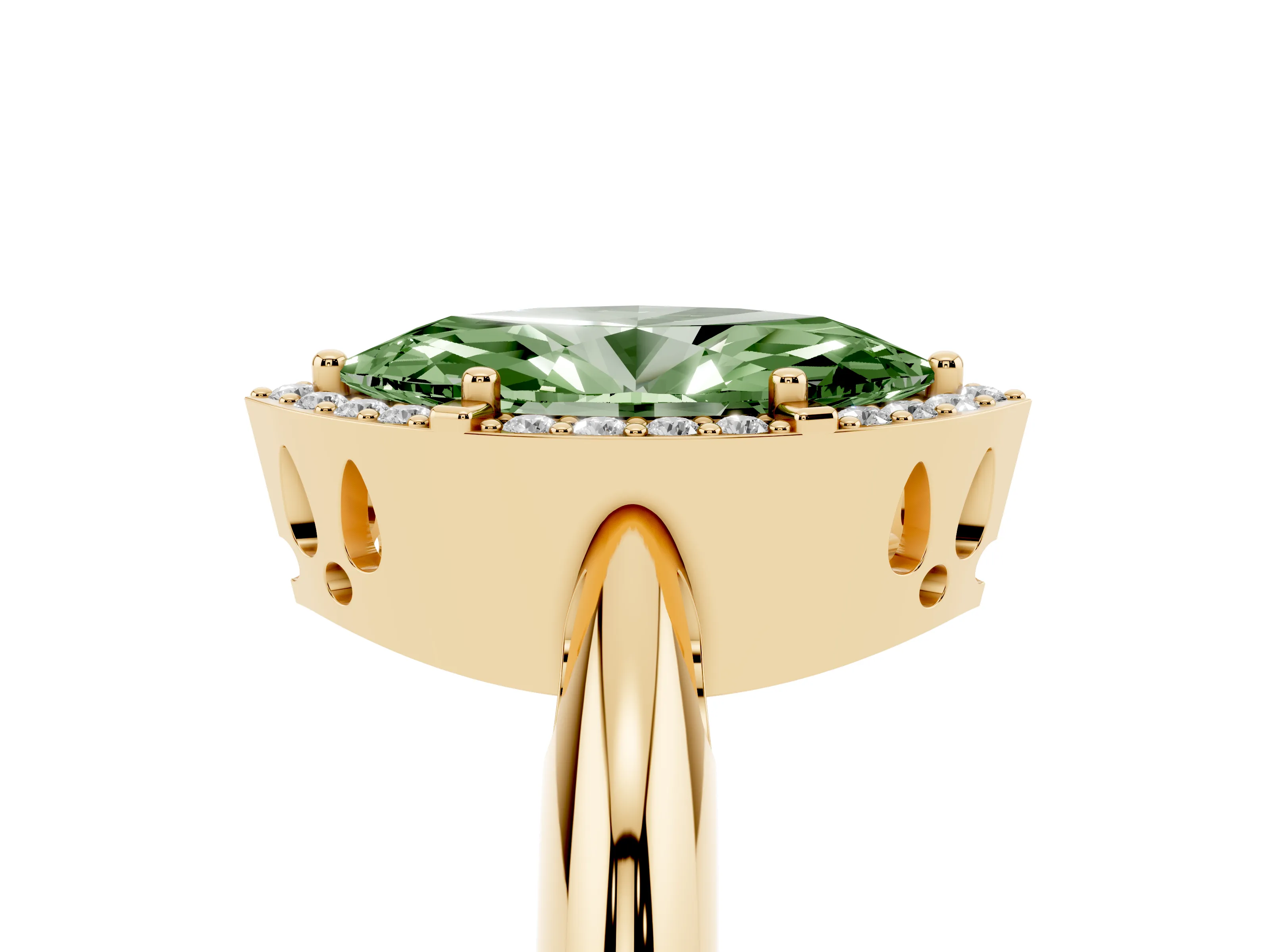 Fancy Green Marquise Cut Diamond Halo Engagement Ring Set in Yellow gold with Plain Split Shank and Prong Setting