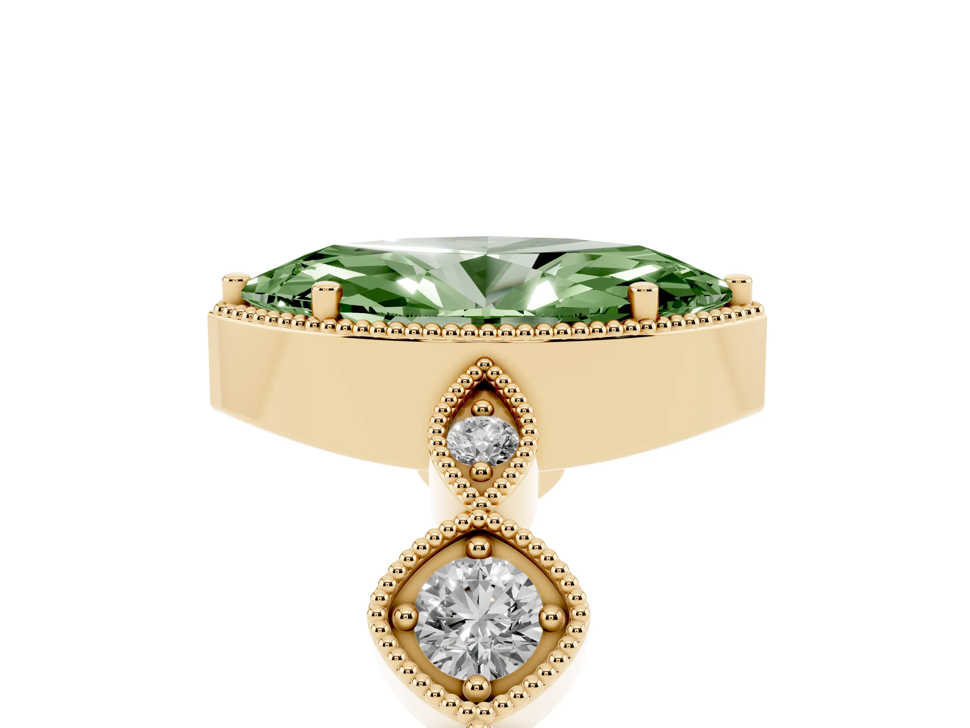 Fancy Green Marquise Cut Diamond Vintage-Inspired Milgrain Ring Set in Yellow gold with Marquise Stations of Round Accents