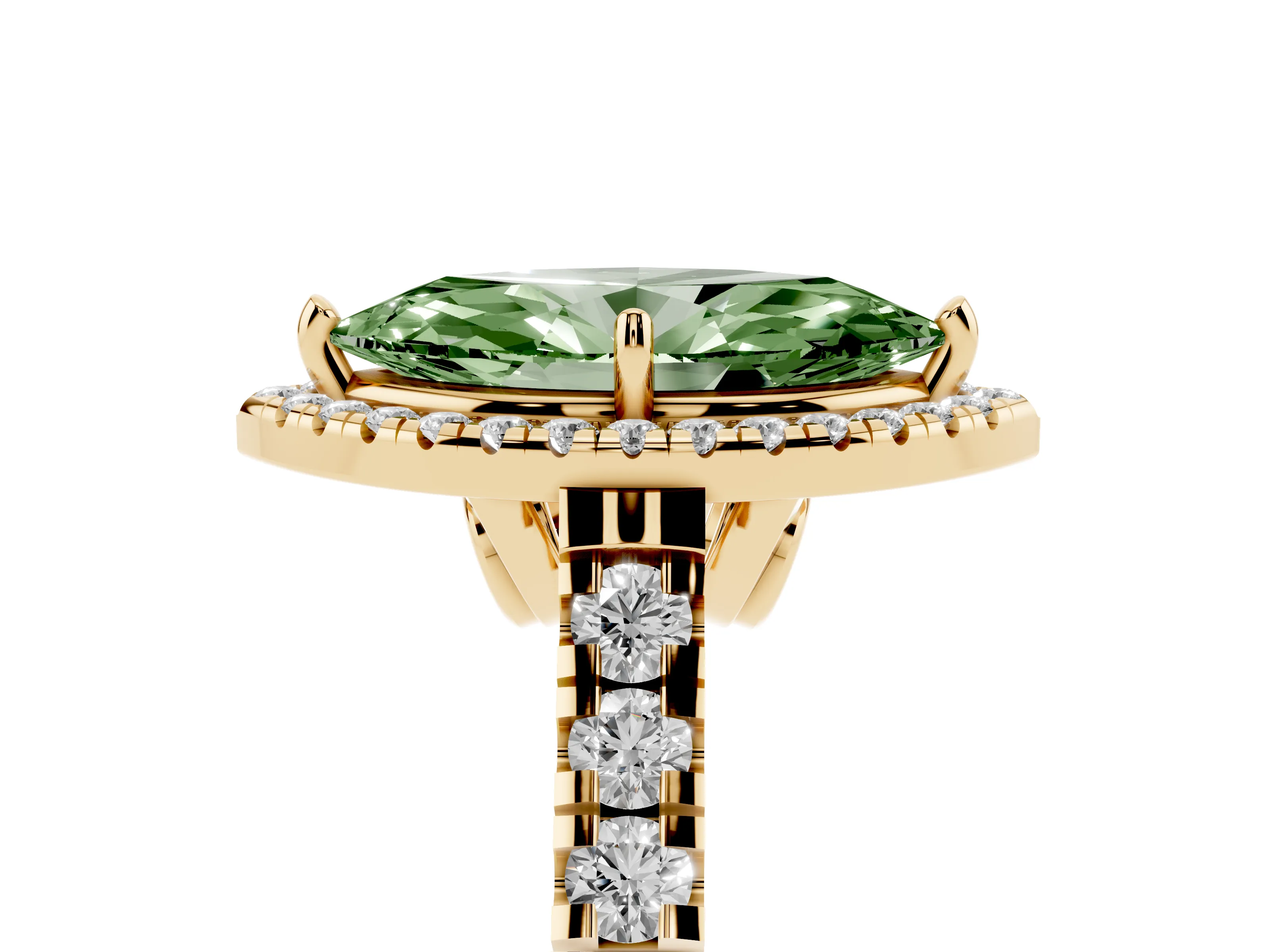 Fancy Green Marquise Cut Diamond Halo Engagement Ring Set in Yellow gold with Pavé Band and Prong-Set Center