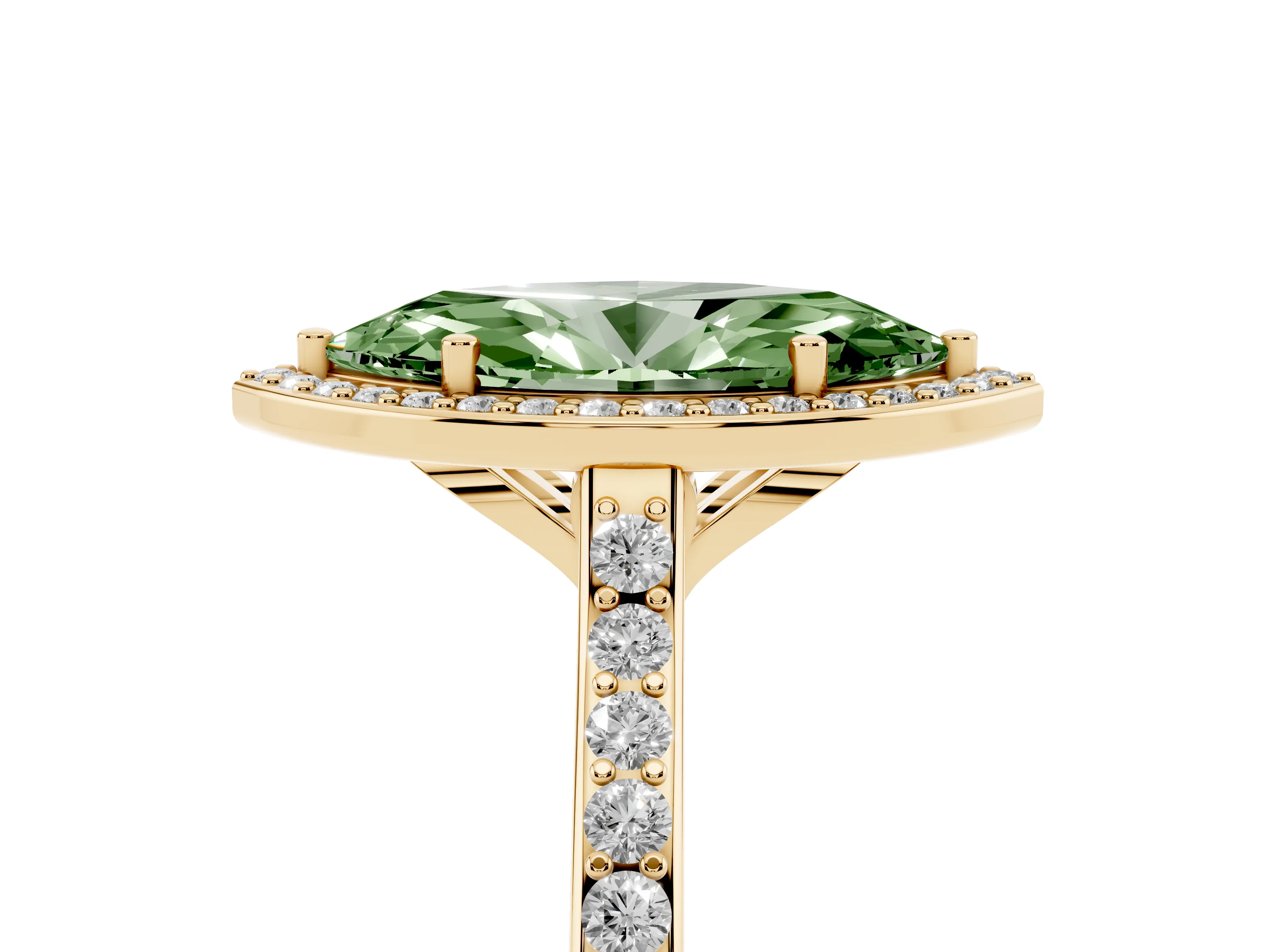 Fancy Green Marquise Cut Diamond Halo Engagement Ring Set in Yellow gold with Round Pavé Shoulders and Heart Gallery