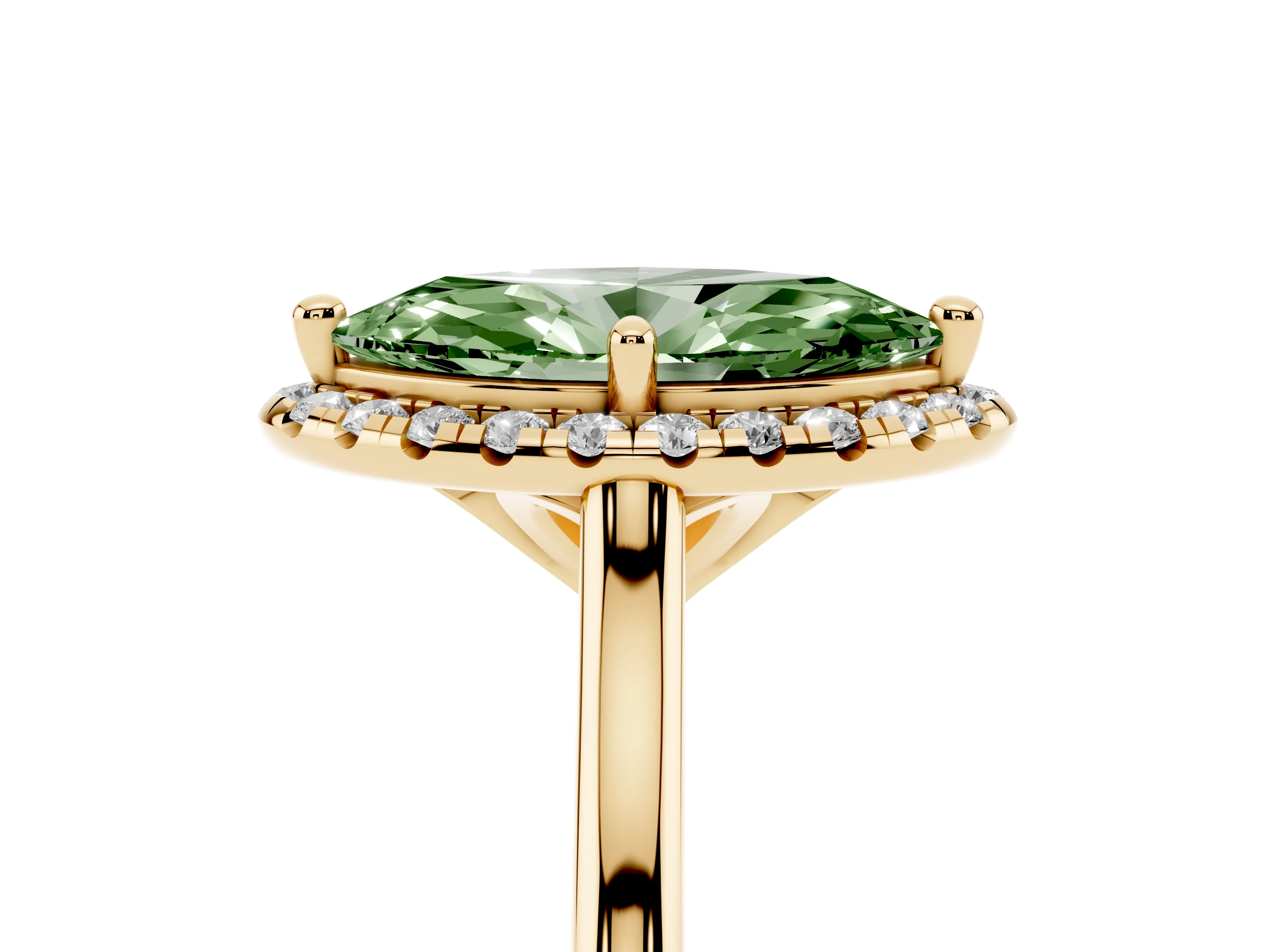 Fancy Green Marquise Cut Diamond Halo Engagement Ring Set in Yellow gold with Pavé Band and Rising Shoulders