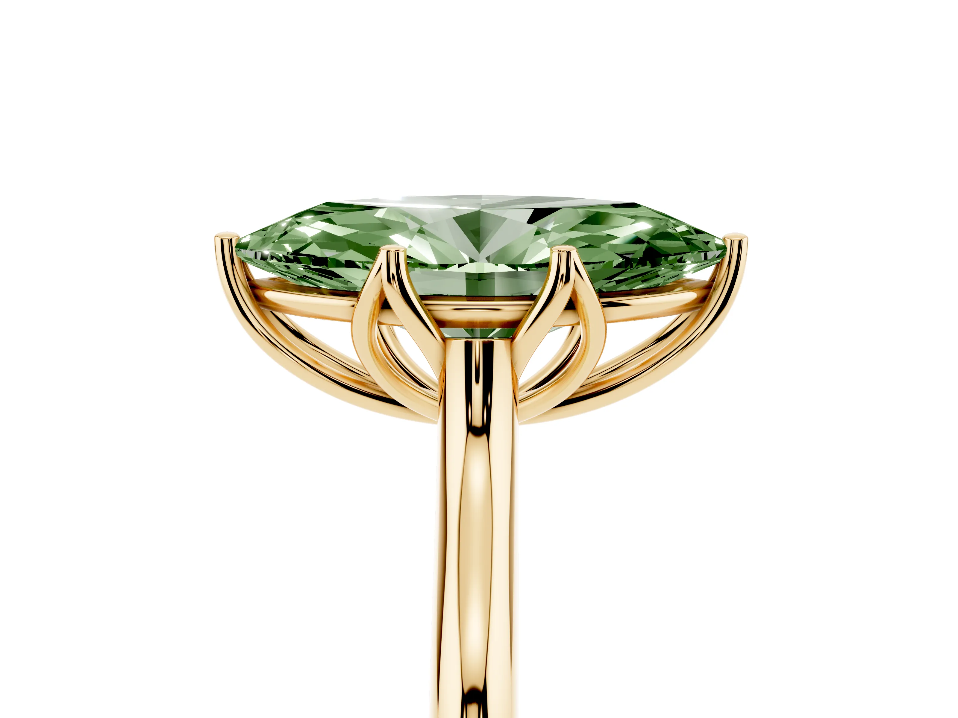 Fancy Green Marquise Cut Diamond Solitaire Cathedral Ring Set in Yellow gold with Prong Setting