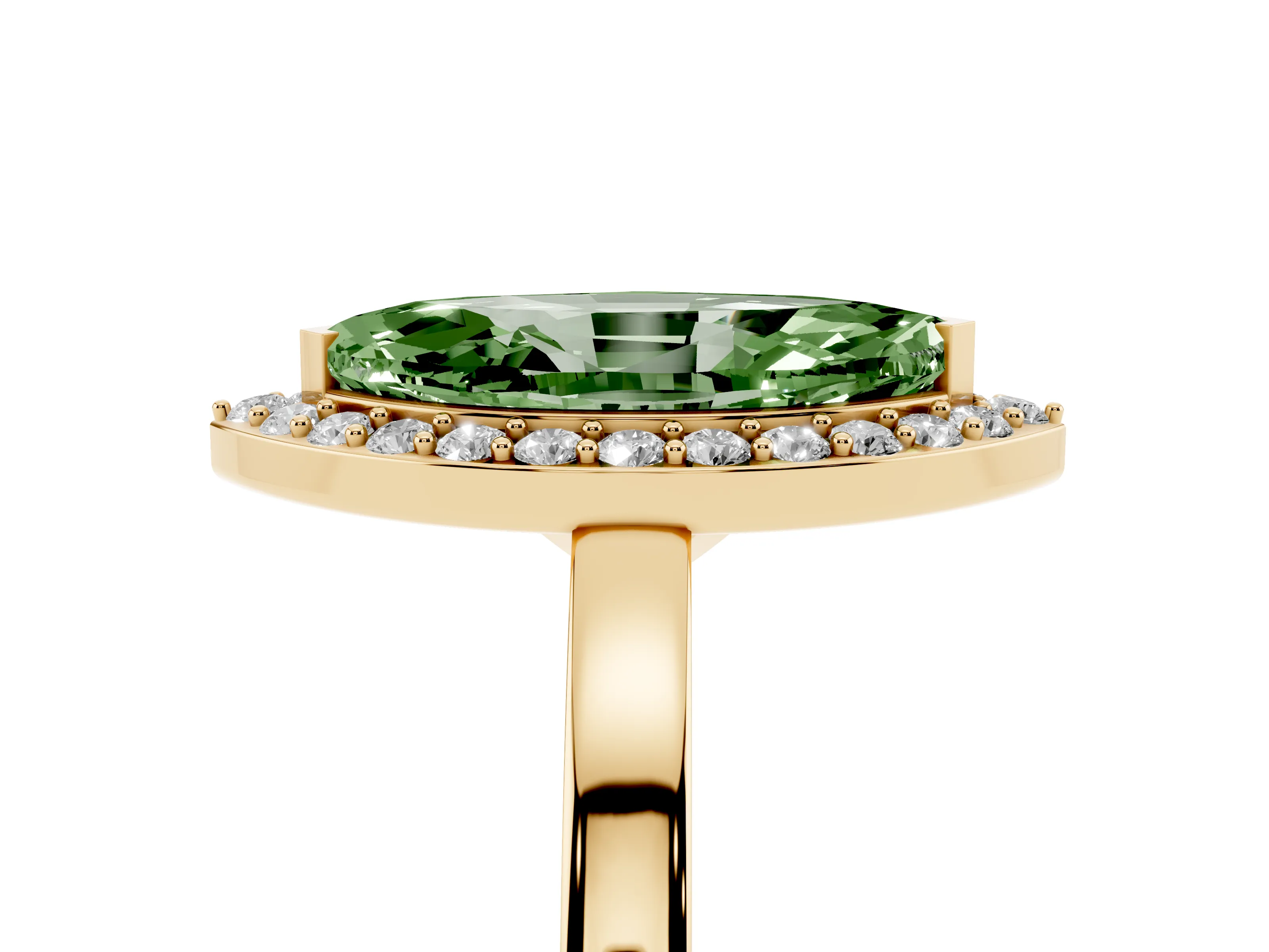 Fancy Green Marquise Cut Diamond Halo Ring Set in Yellow gold with Solitaire Band and Prong Setting