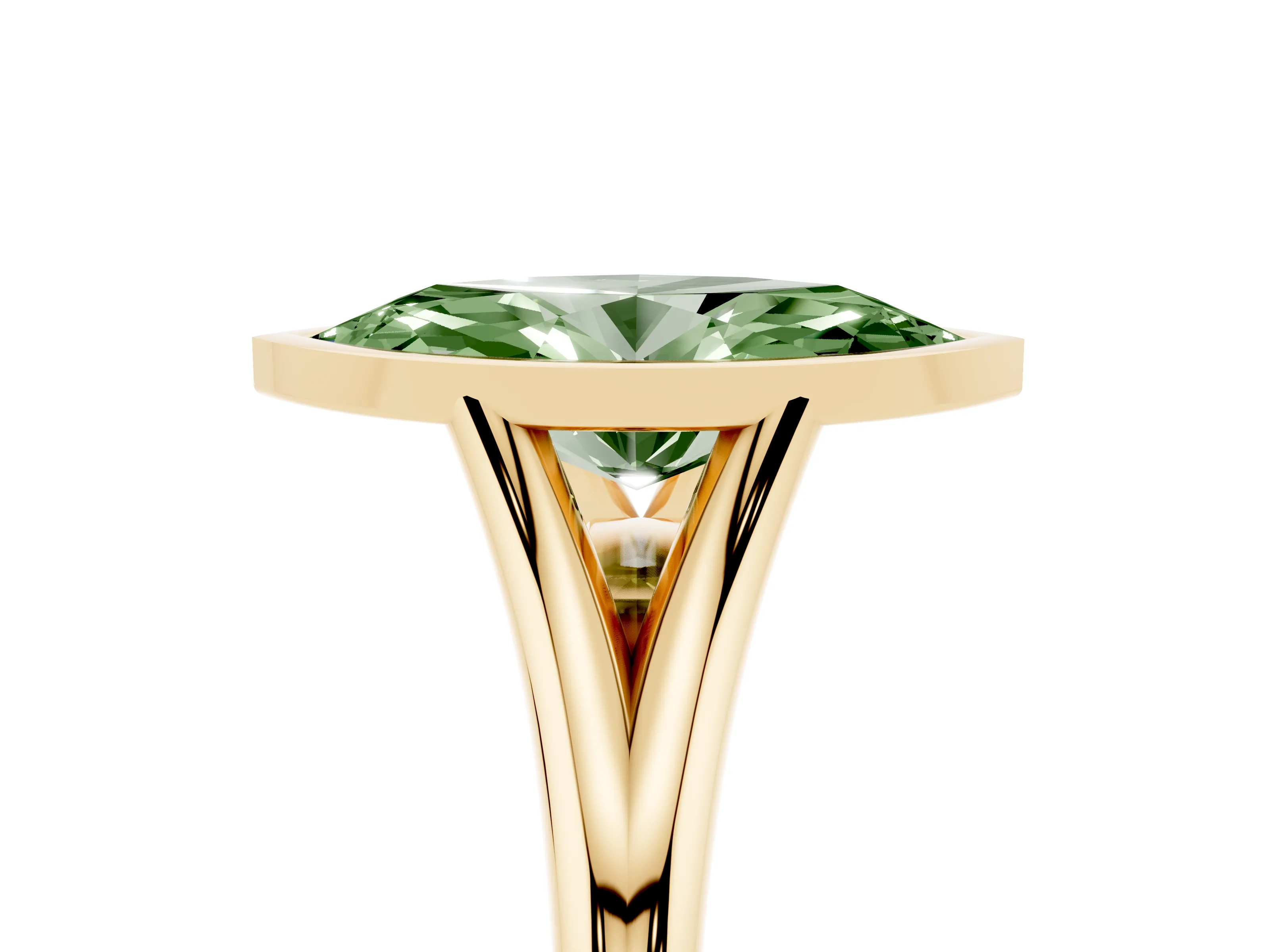Fancy Green Bezel Set Marquise Cut Diamond Solitaire Ring Set in Yellow gold with Tapered Band