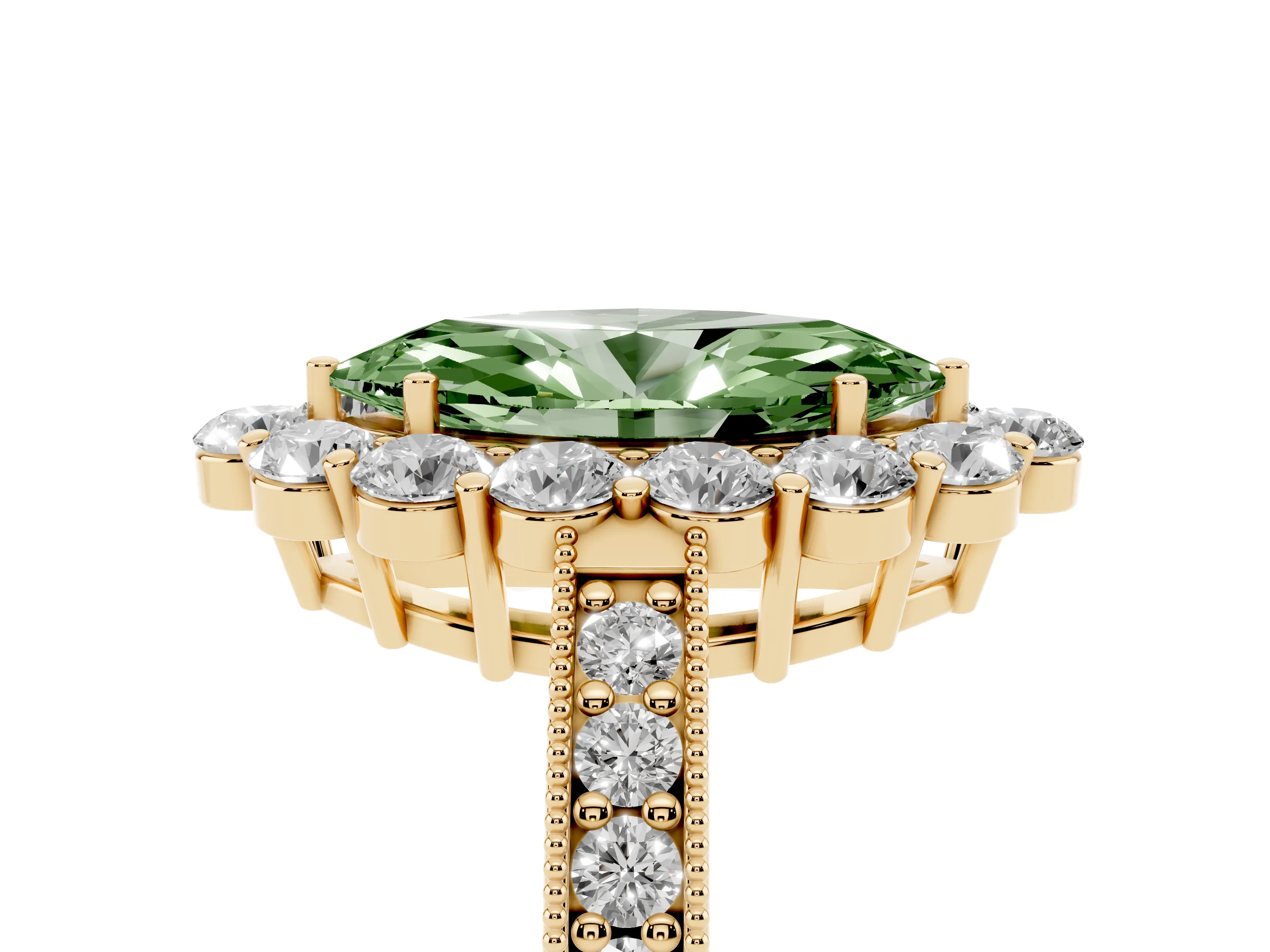 Fancy Green Marquise Cut Diamond Halo Pavé Engagement Ring Set in Yellow gold with Milgrain Detailing