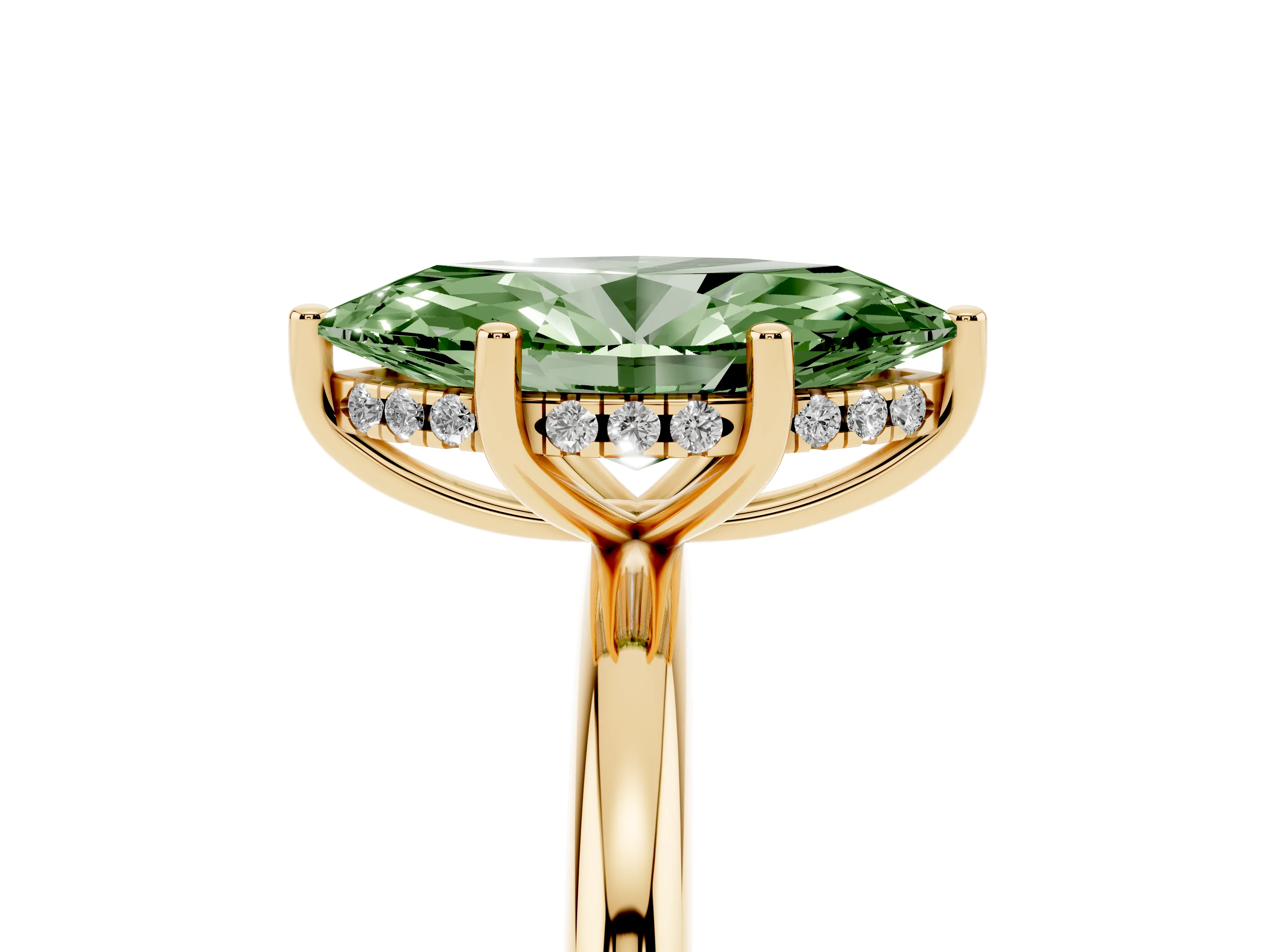 Fancy Green Marquise Cut Diamond Solitaire Engagement Ring Set in Yellow gold with Prong Setting and Polished Band