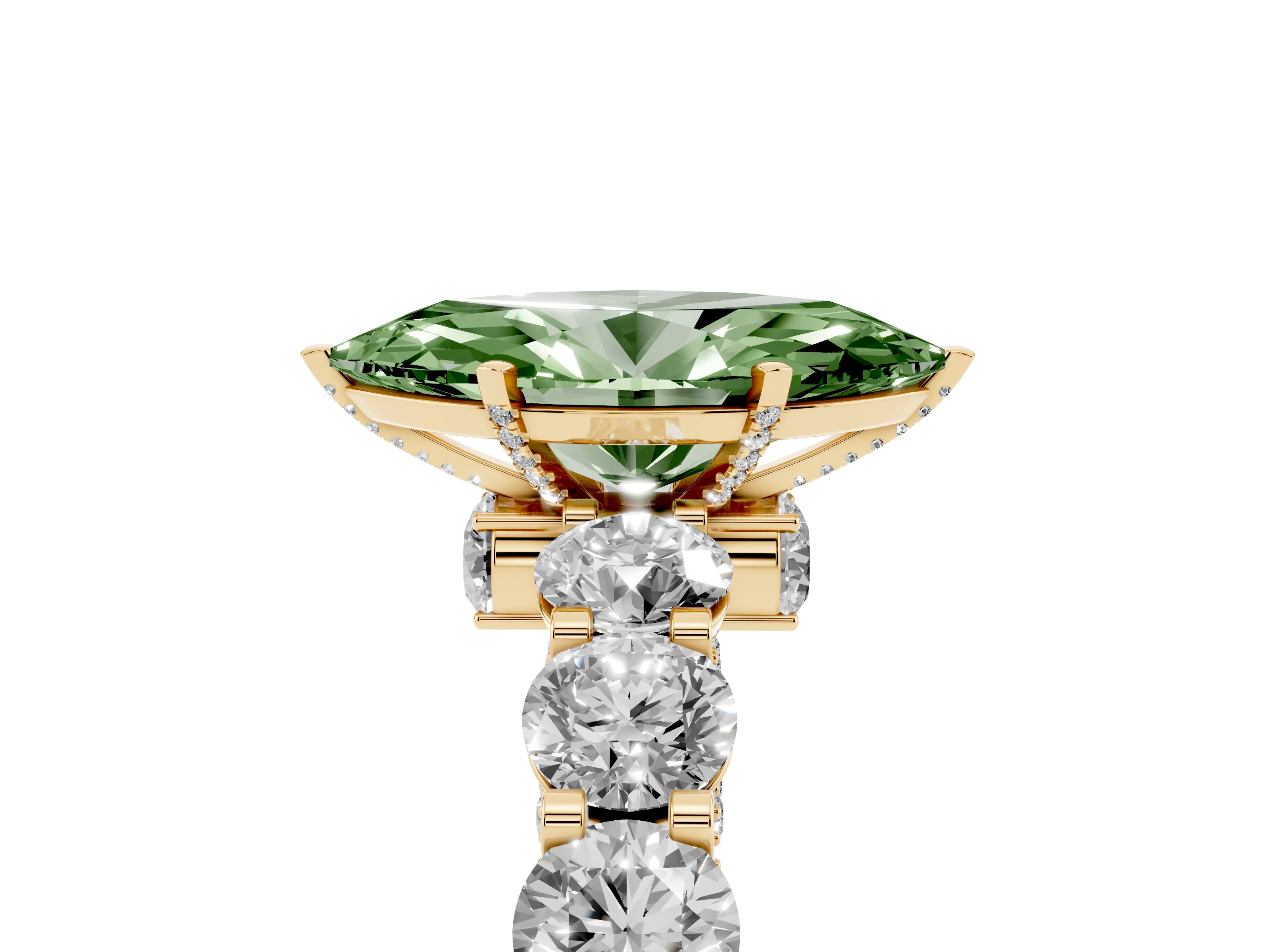 Fancy Green Marquise Cut Diamond Side Stone Ring Set in Yellow gold with Alternating Round and Oval Side Stones