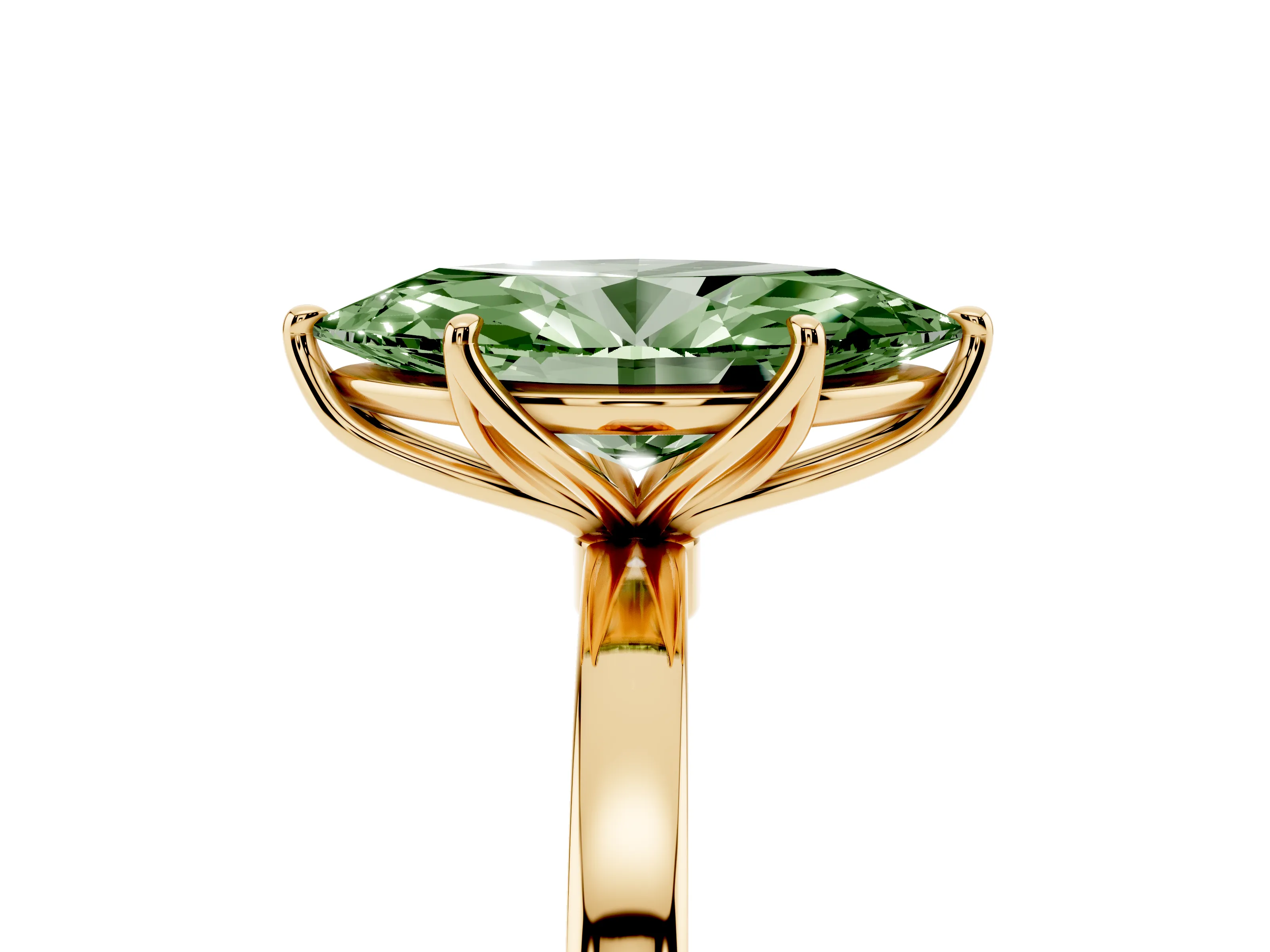 Fancy Green Marquise Cut Diamond Solitaire Ring Set in Yellow gold with Prong Setting and Thin Polished Band