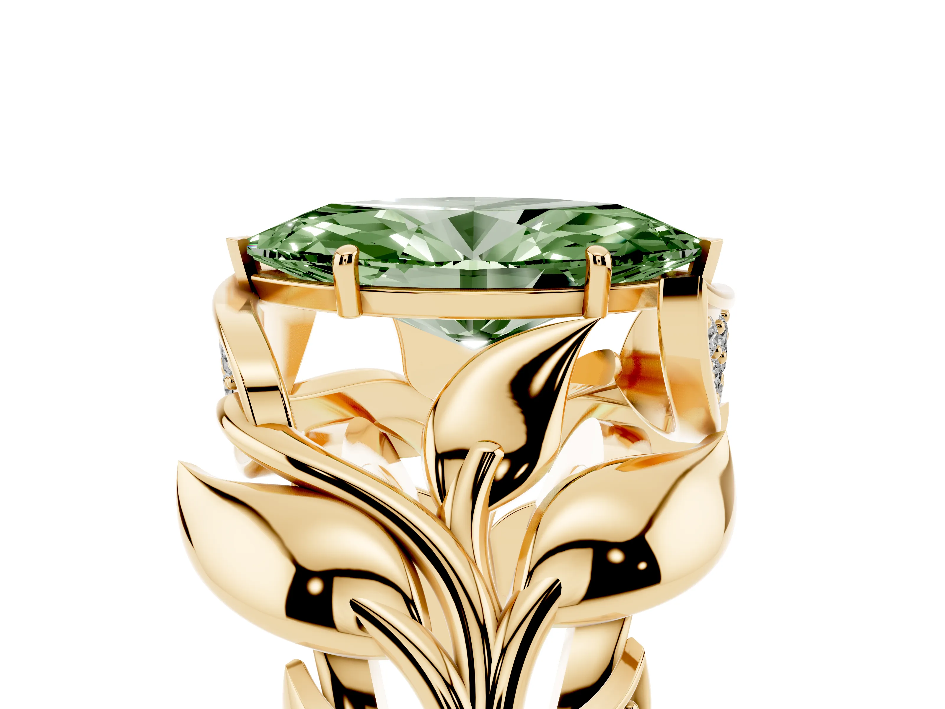 Fancy Green Marquise Cut Diamond Leaf-Inspired Engagement Ring Set in Yellow gold with Round Accents