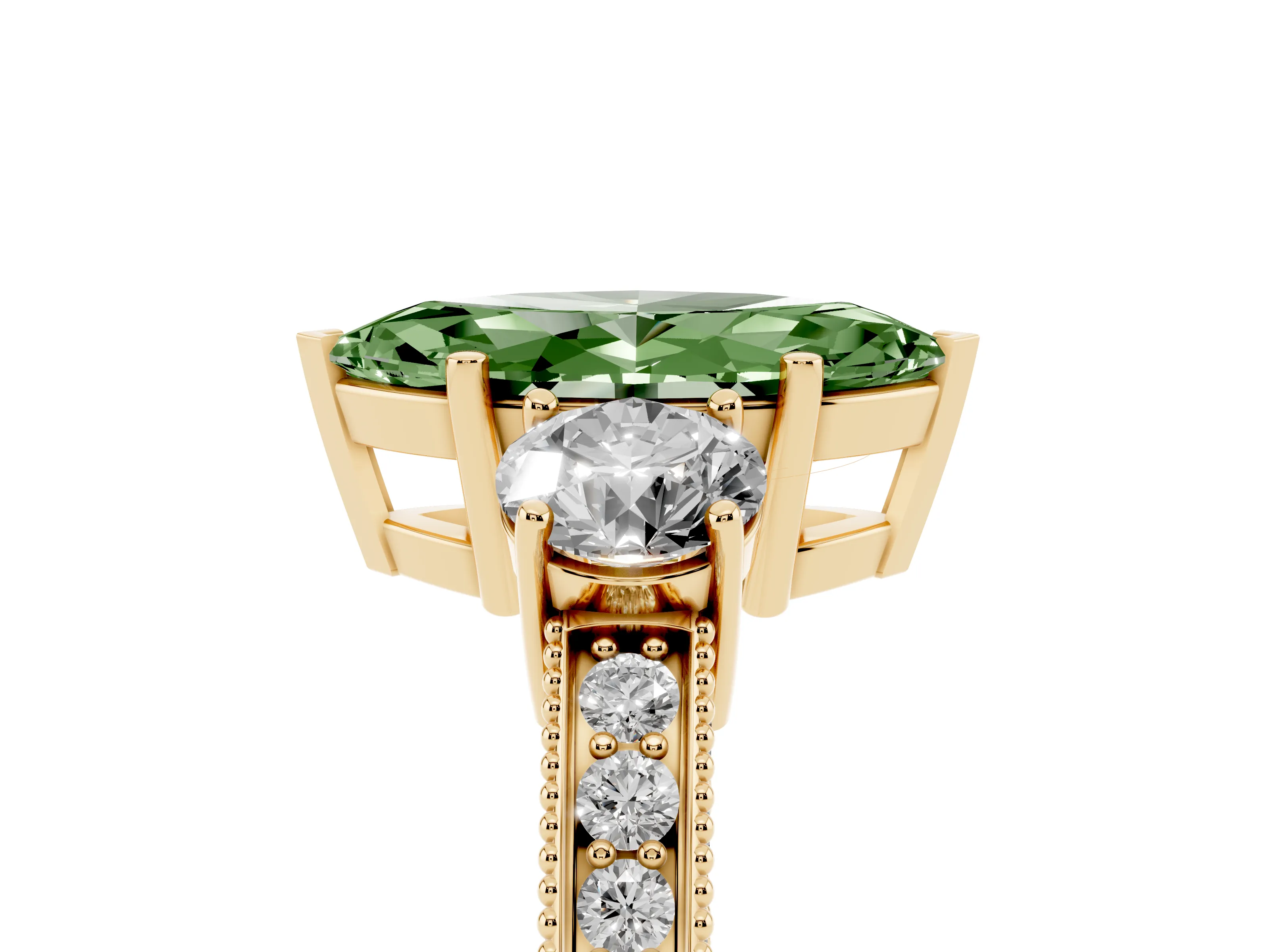 Fancy Green Marquise Cut Diamond Three-Stone Ring Set in Yellow gold with Round Side Stones and Pavé Band