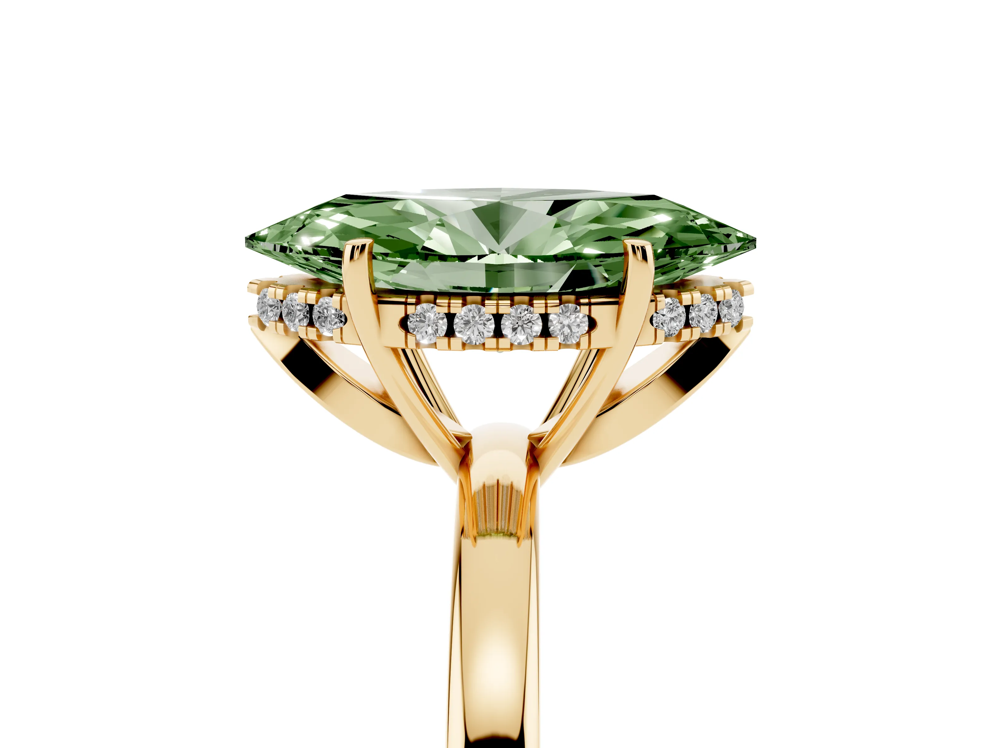 Fancy Green Marquise Cut Diamond Solitaire Ring Set in Yellow gold with Plain Band and Prong Setting