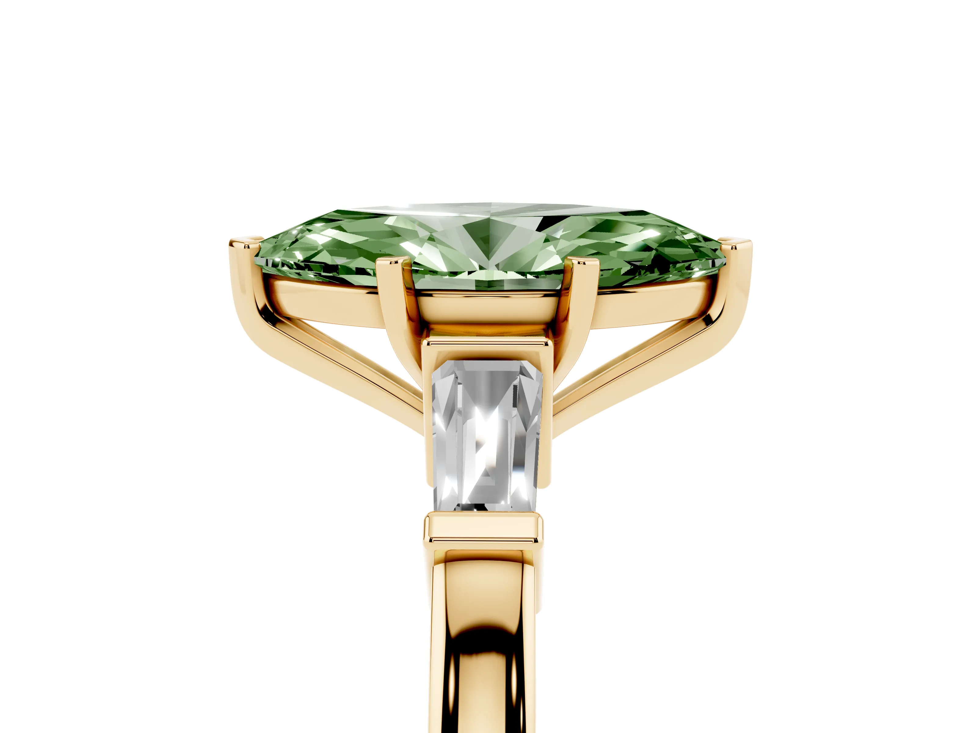 Fancy Green Marquise Cut Diamond Solitaire Ring Set in Yellow gold with Tapered Baguette Accents and Prong Setting