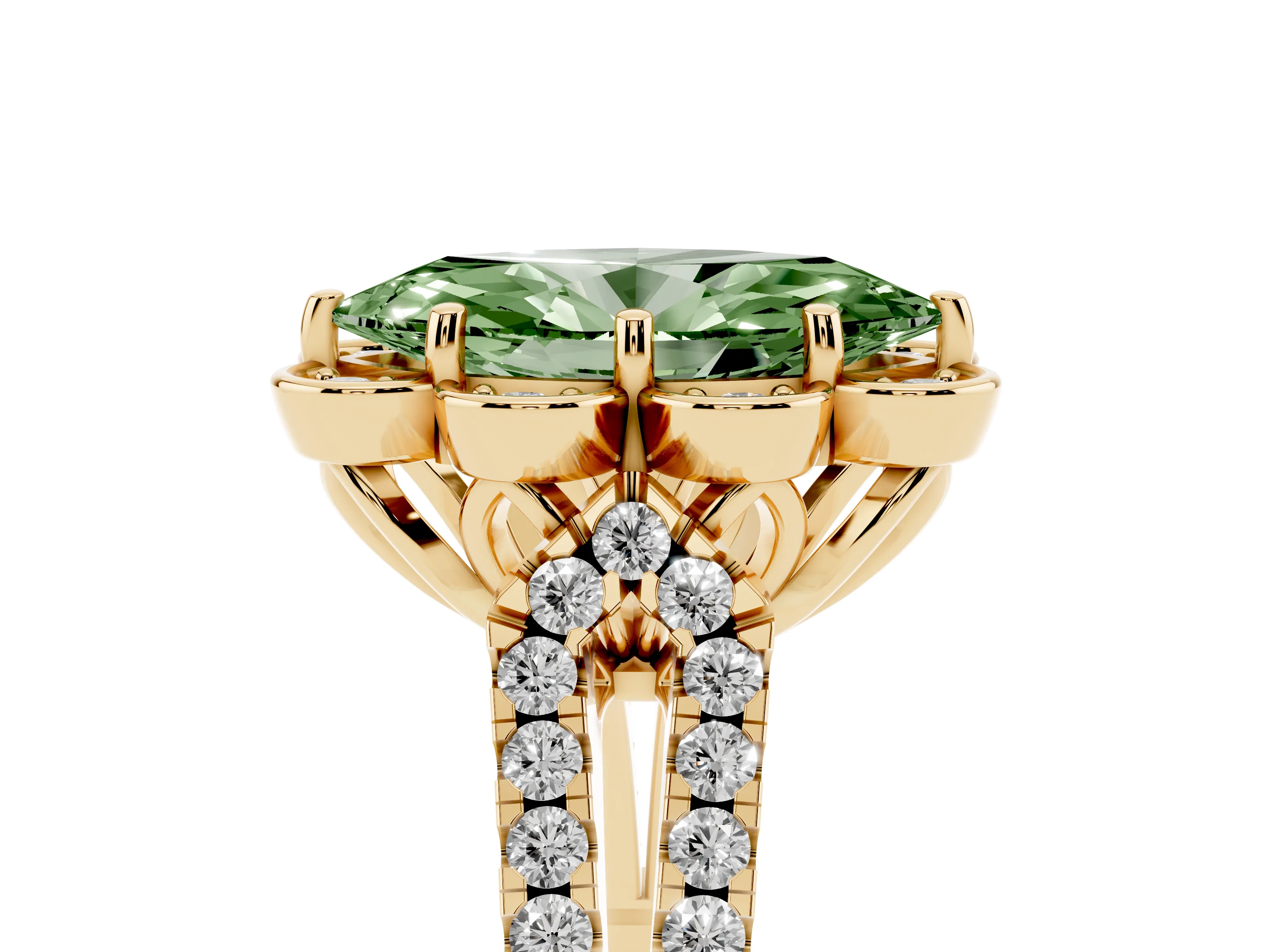 Fancy Green Marquise Cut Diamond Floral Halo Split Shank Engagement Ring Set in Yellow gold with Pavé Shank
