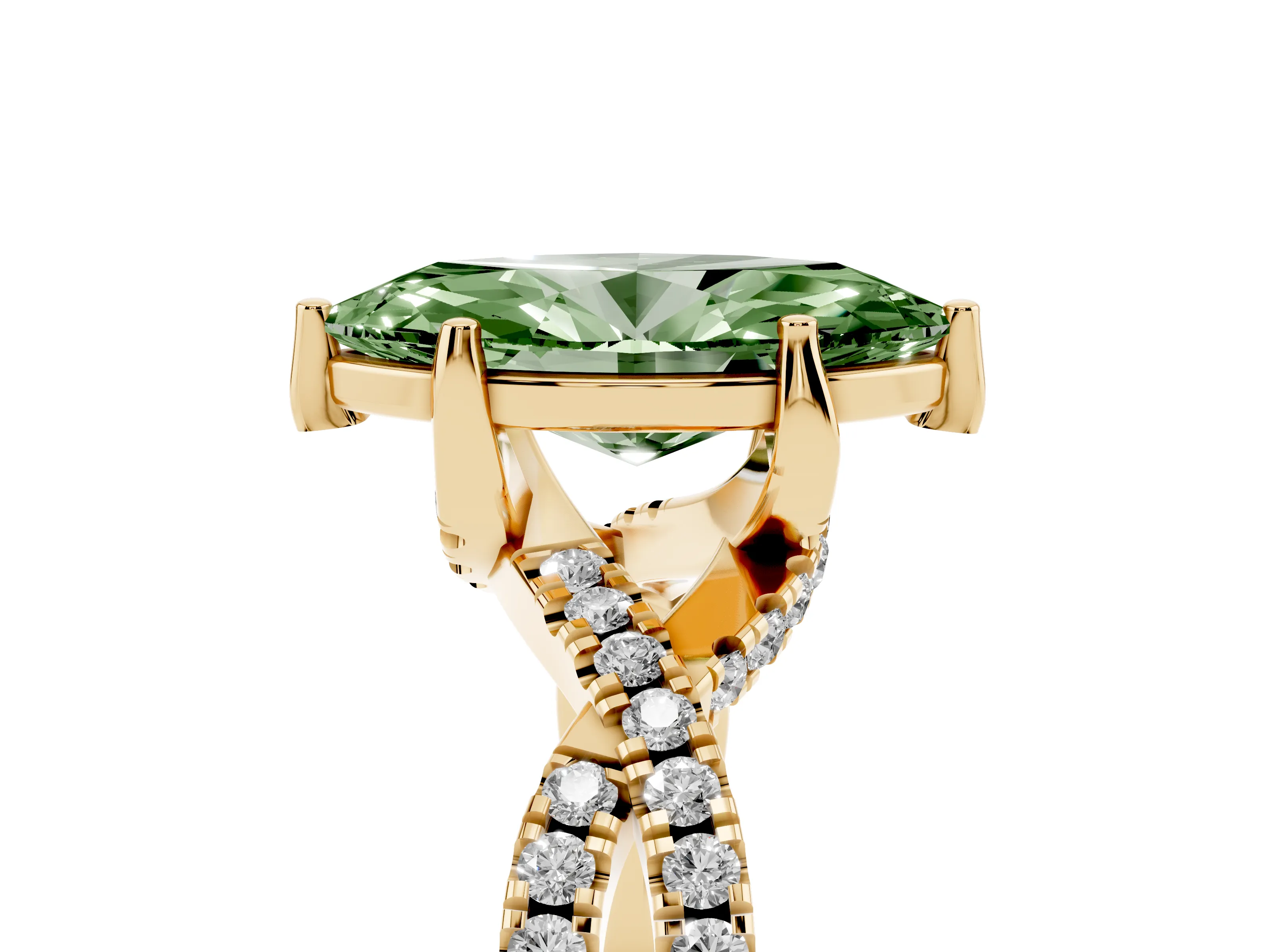 Fancy Green Marquise Cut Diamond Twist Pavé Solitaire Engagement Ring Set in Yellow gold with Prong Setting