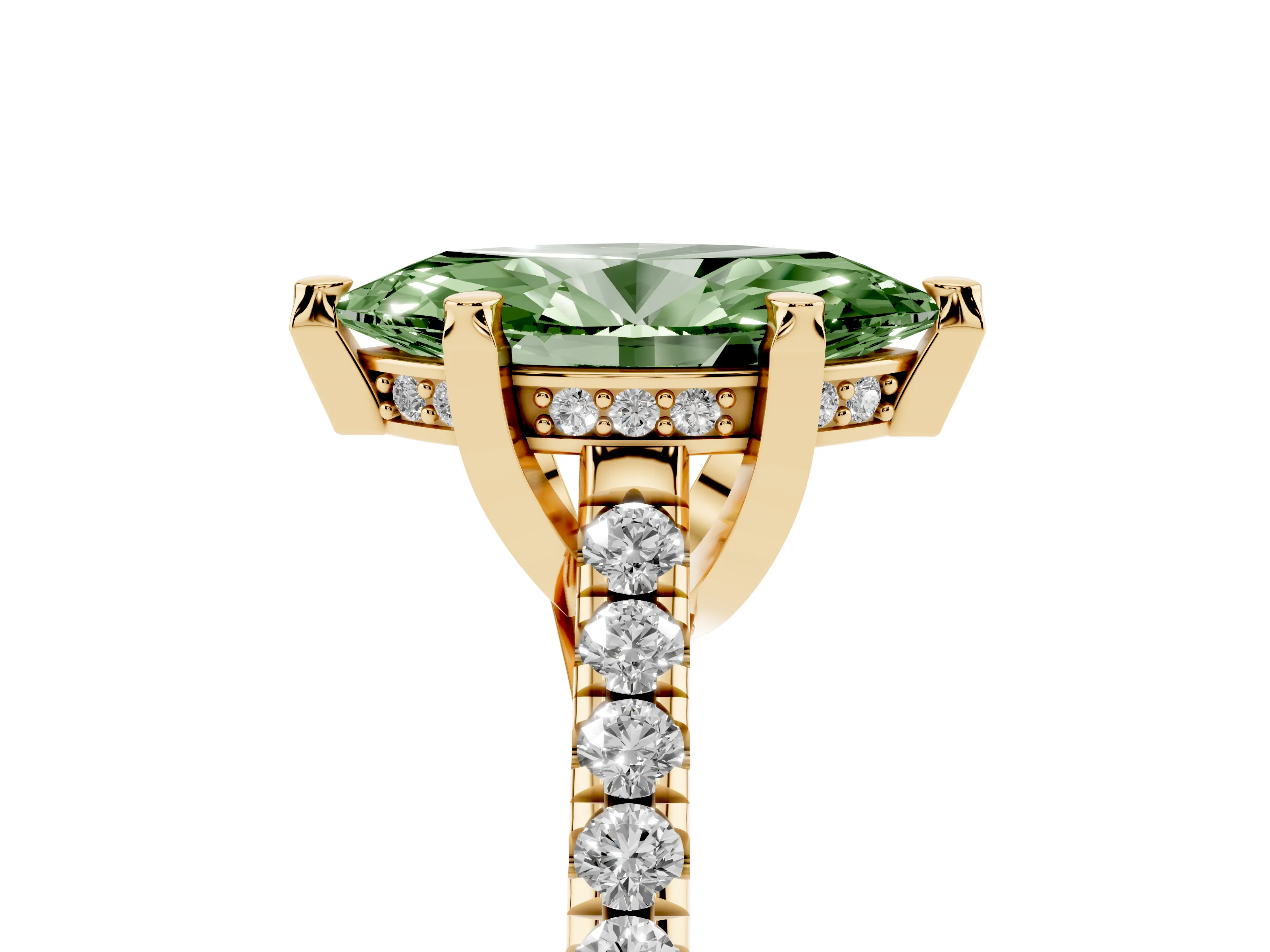 Fancy Green Marquise Cut Diamond Solitaire Ring Set in Yellow gold with Brilliant Pavé Band and Prong Setting