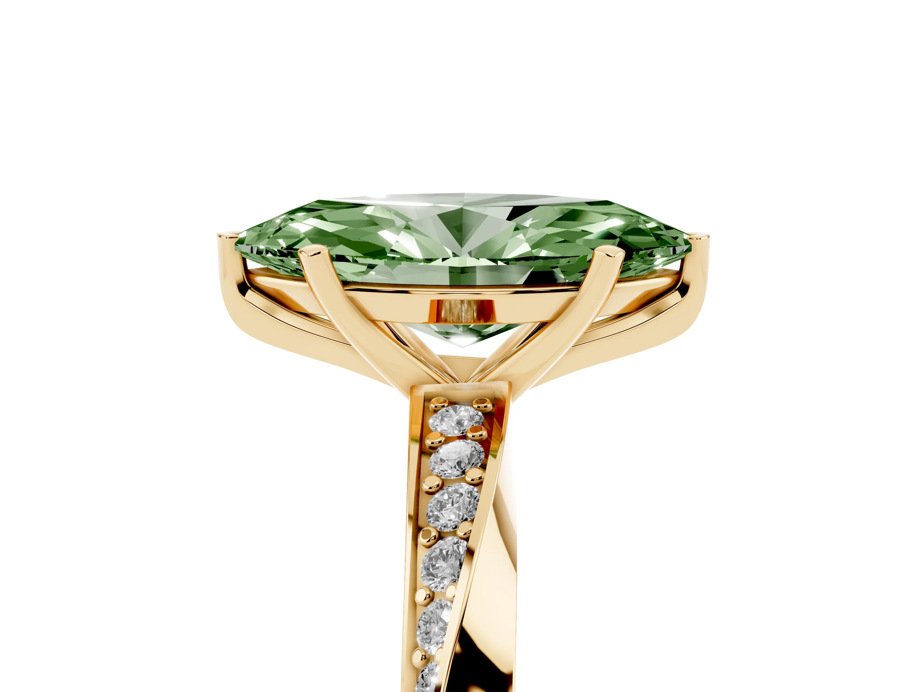 Fancy Green Marquise Cut Diamond Engagement Ring Set in Yellow gold with Side Stone Accents and Prong Setting