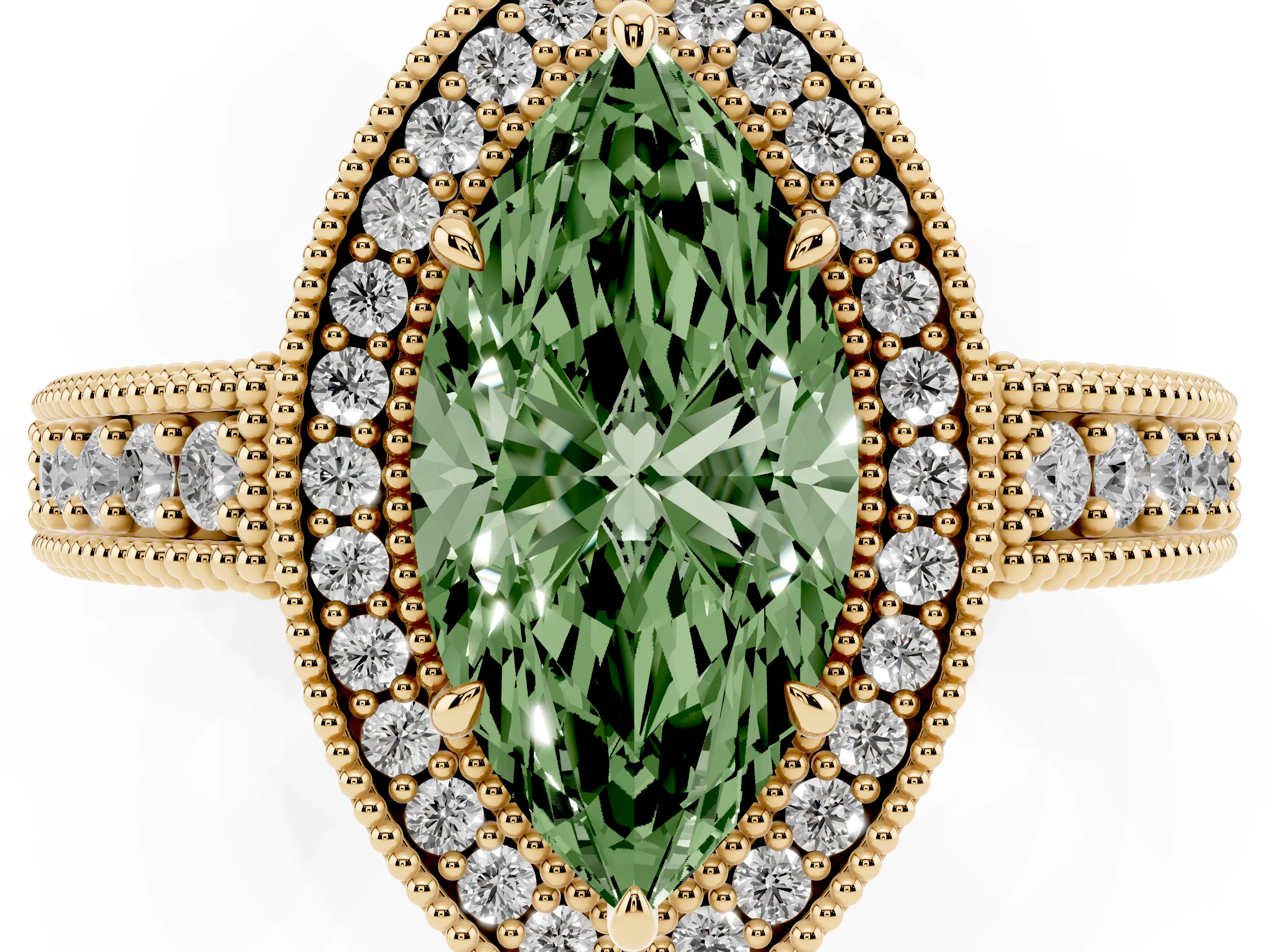 Fancy Green Marquise Cut Diamond Halo Ring Set in Yellow gold with Round Accent Halo, Pavé Band and Prong Setting
