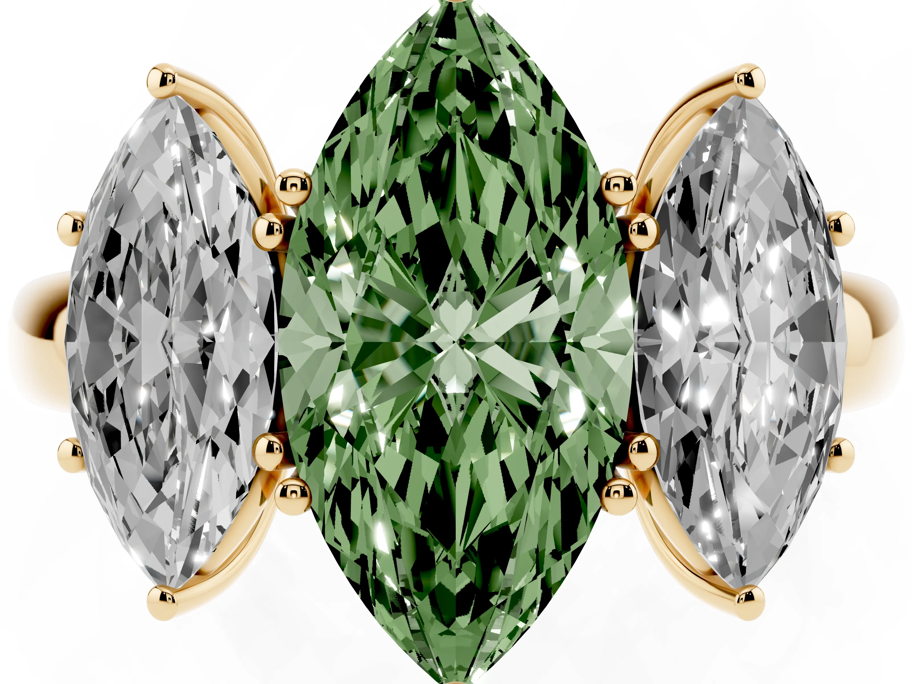 Fancy Green Marquise Cut Diamond Three-Stone Ring Set in Yellow gold with Bold Center and Classic Band