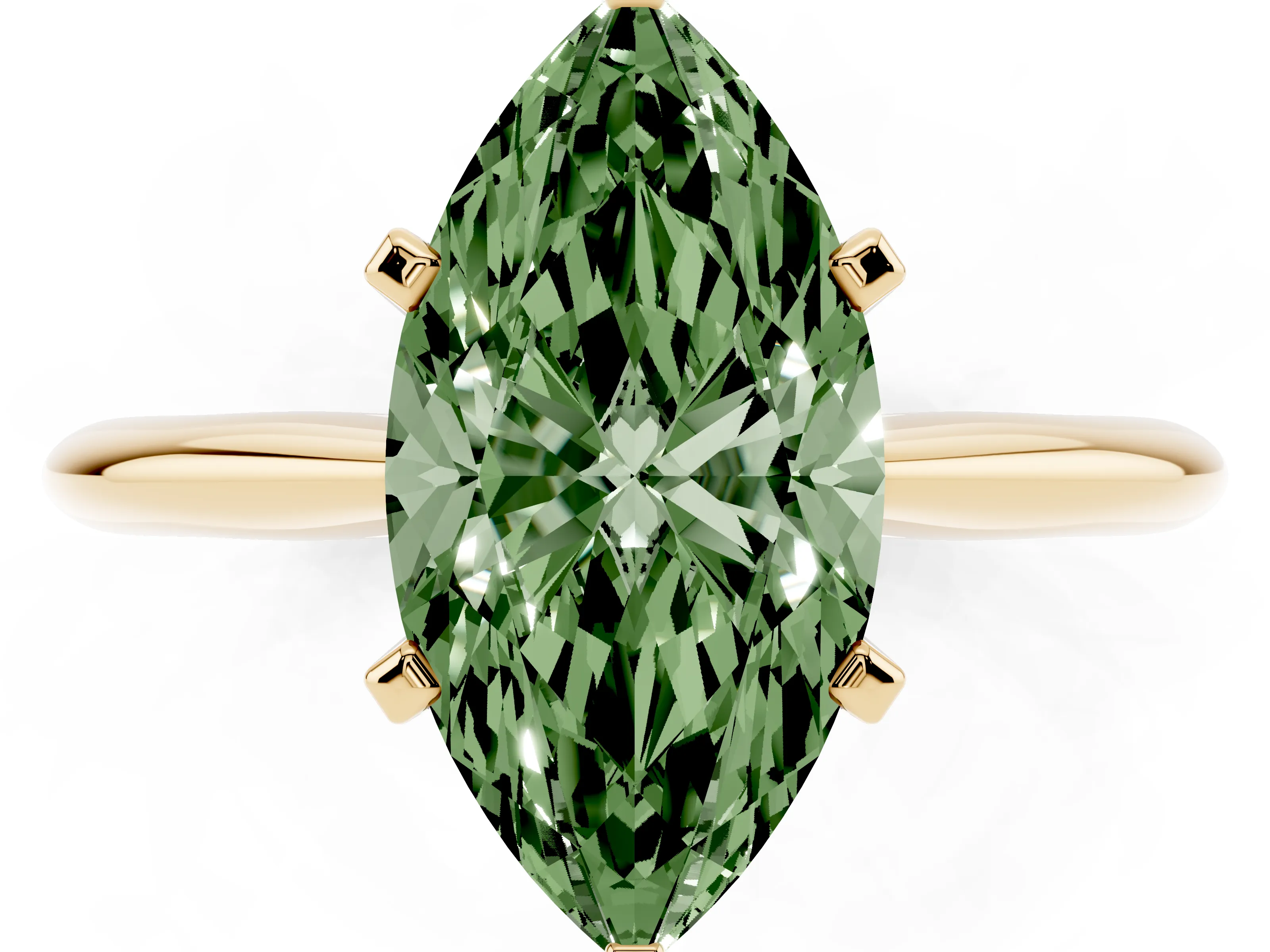Fancy Green Marquise Cut Diamond Solitaire Ring Set in Yellow gold with Prong Setting on a Plain Round Band