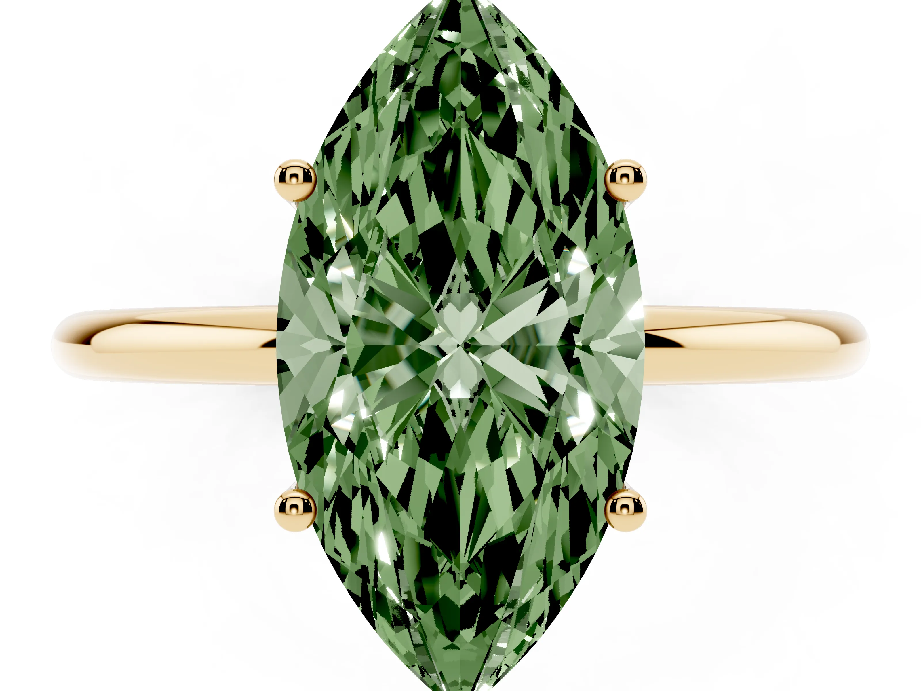 Fancy Green Marquise Cut Diamond Solitaire Engagement Ring Set in Yellow gold with Thin Band and Prong Setting
