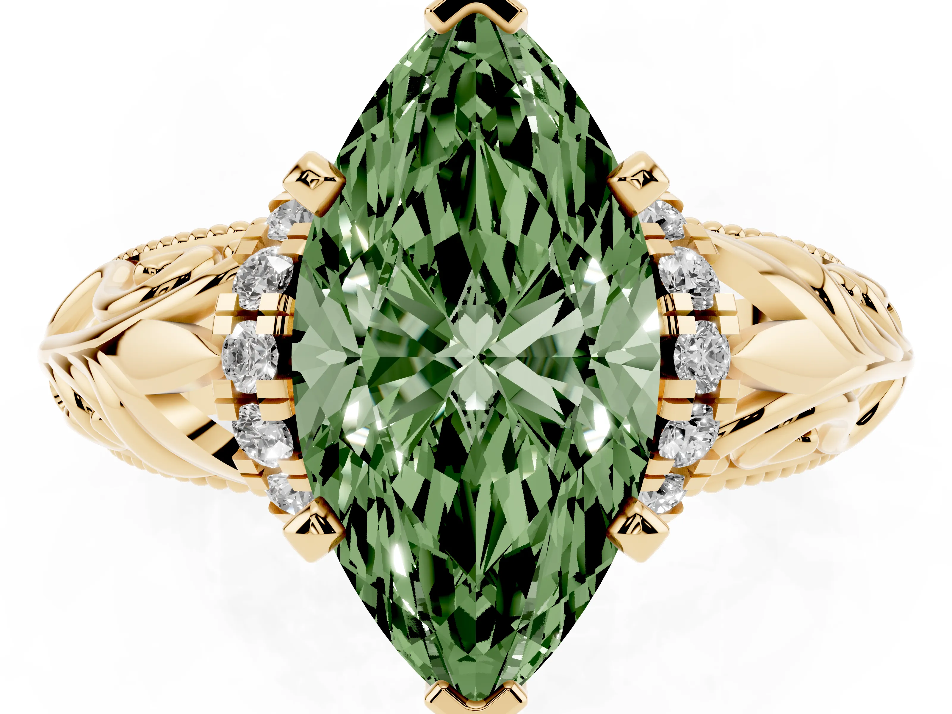Fancy Green Marquise Cut Diamond Filigree Halo Engagement Ring Set in Yellow gold with Prong Setting
