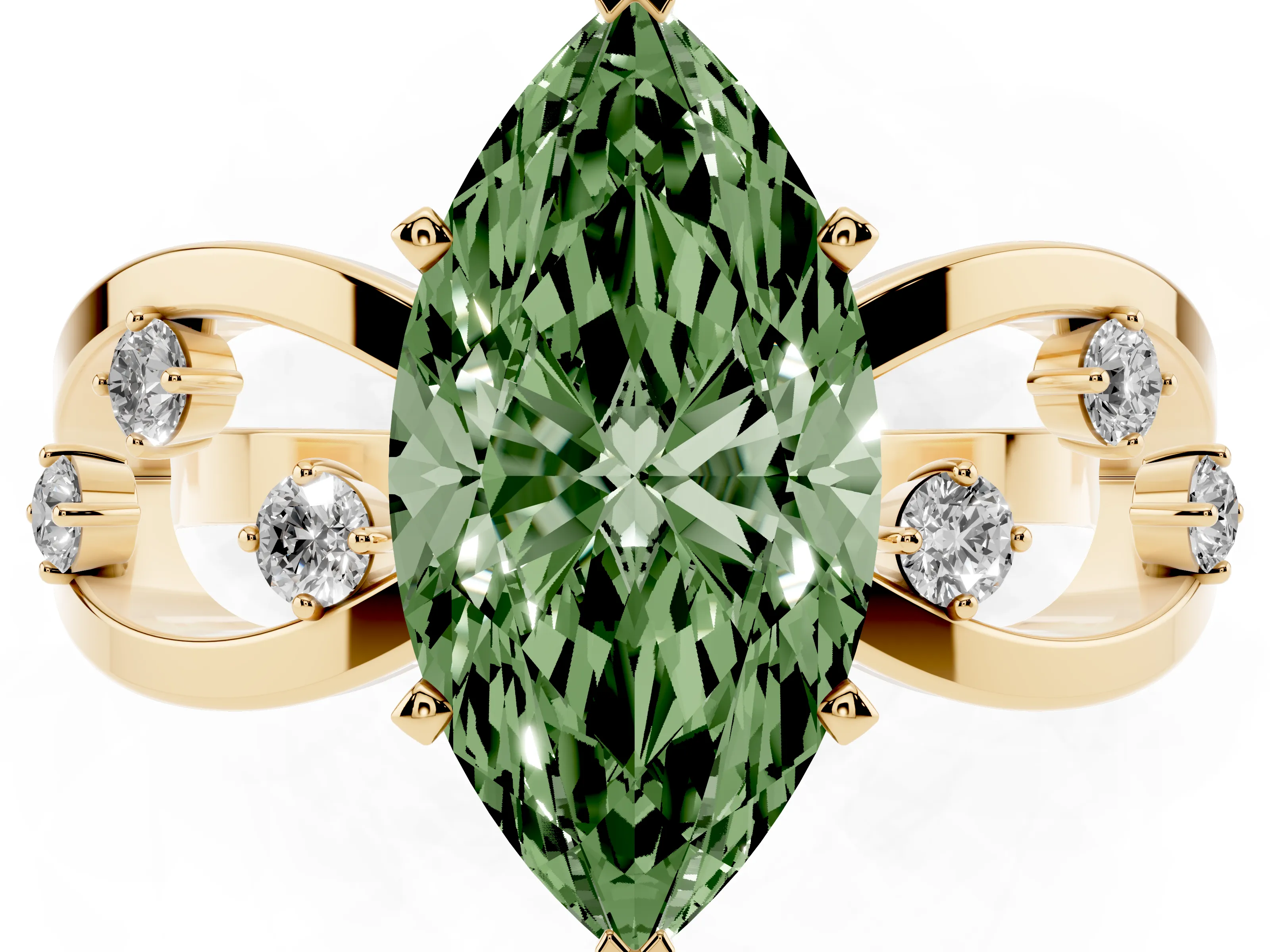 Fancy Green Marquise Cut Diamond Solitaire Ring Set in Yellow gold with Side Stones on Criss-Cross Band and Prong Setting