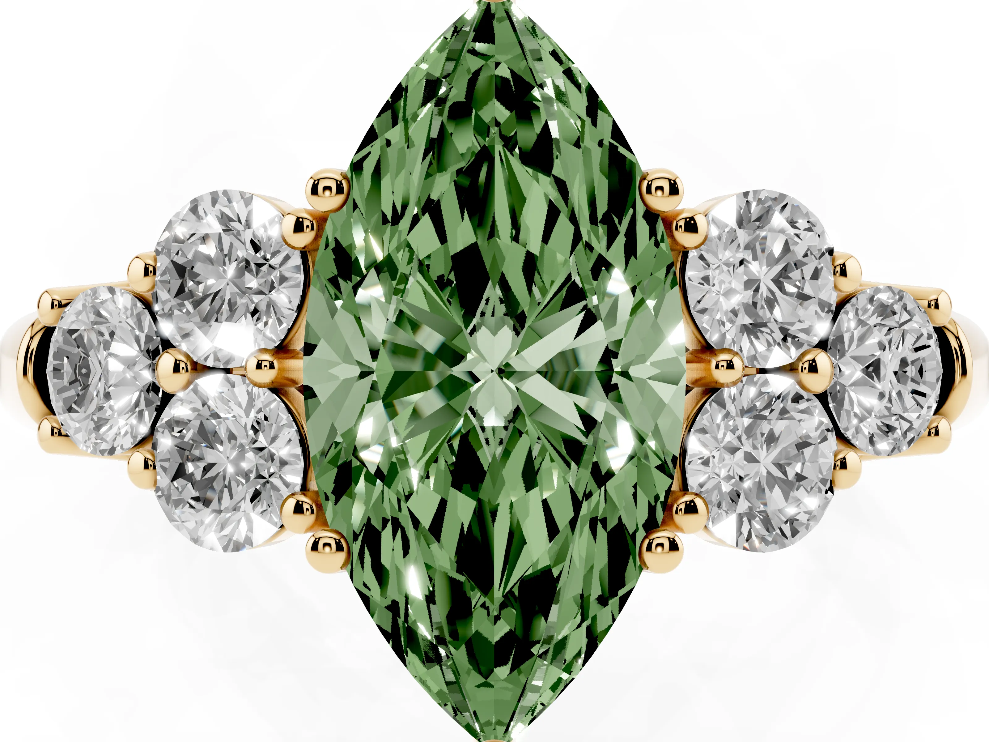 Fancy Green Marquise Cut Diamond Cluster Ring Set in Yellow gold with Round Accent Stones and Prong Setting on a Plain Band