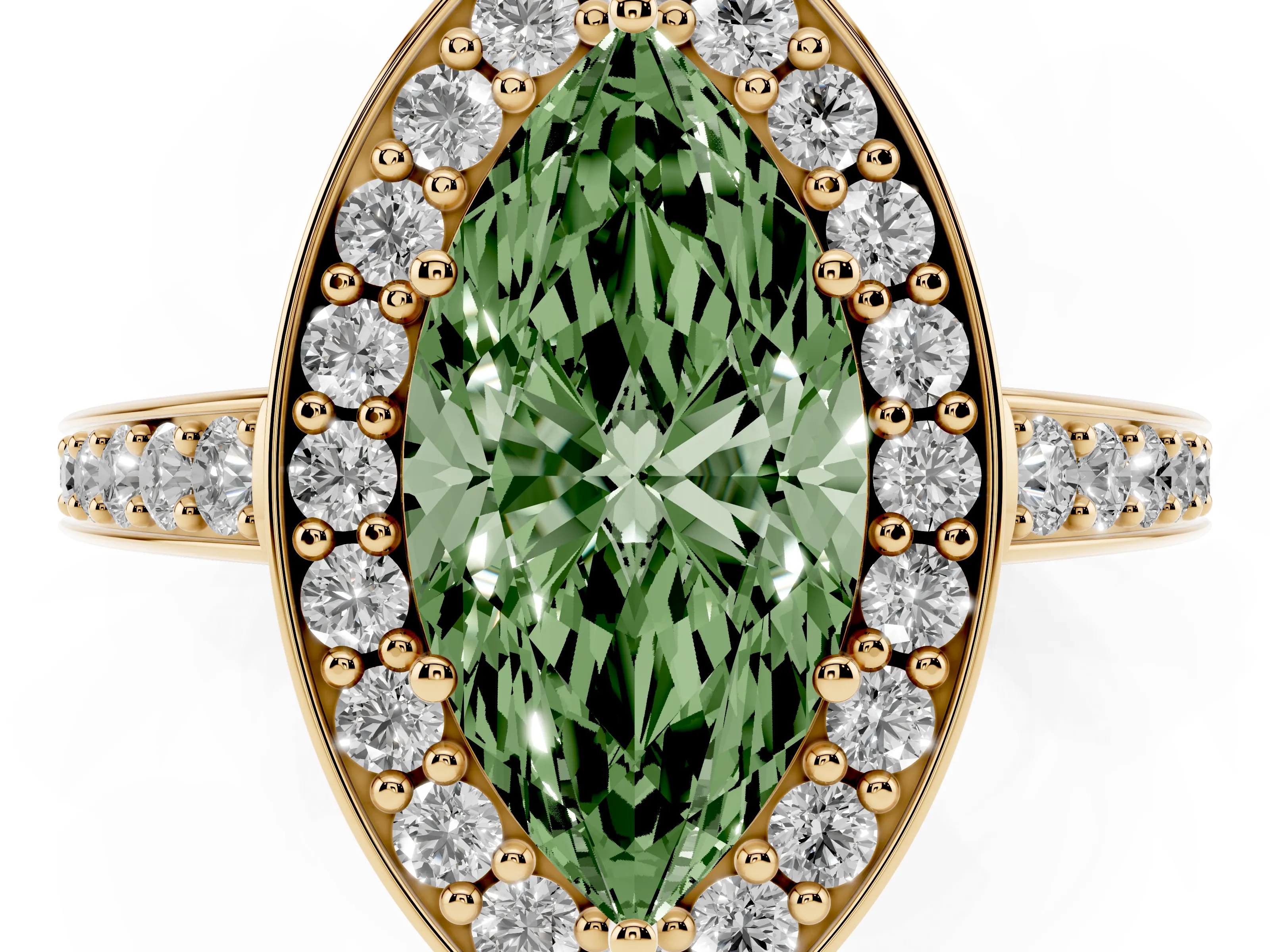 Fancy Green Marquise Cut Diamond Halo Pavé Engagement Ring Set in Yellow gold with Bezel Setting