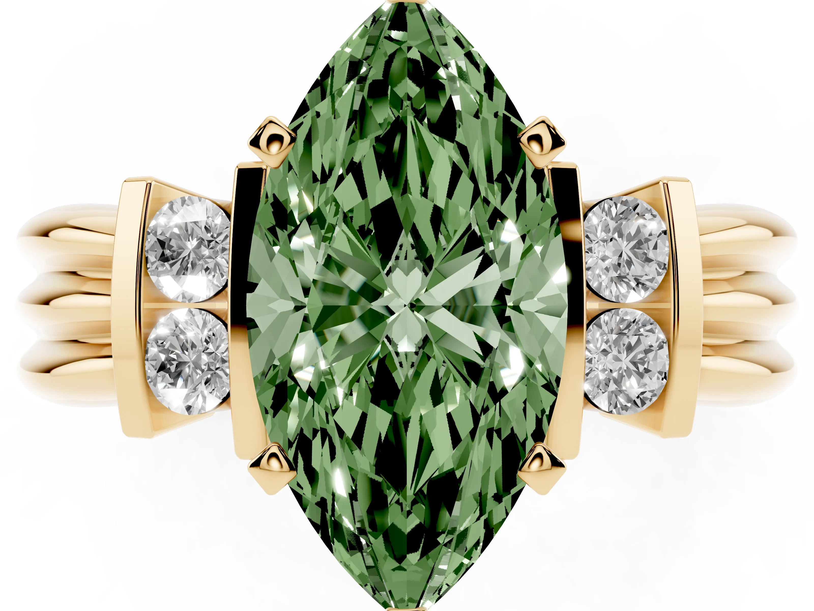 Fancy Green Three-Stone Marquise Cut Diamond Channel Set Ring Set in Yellow gold with Bar Prongs