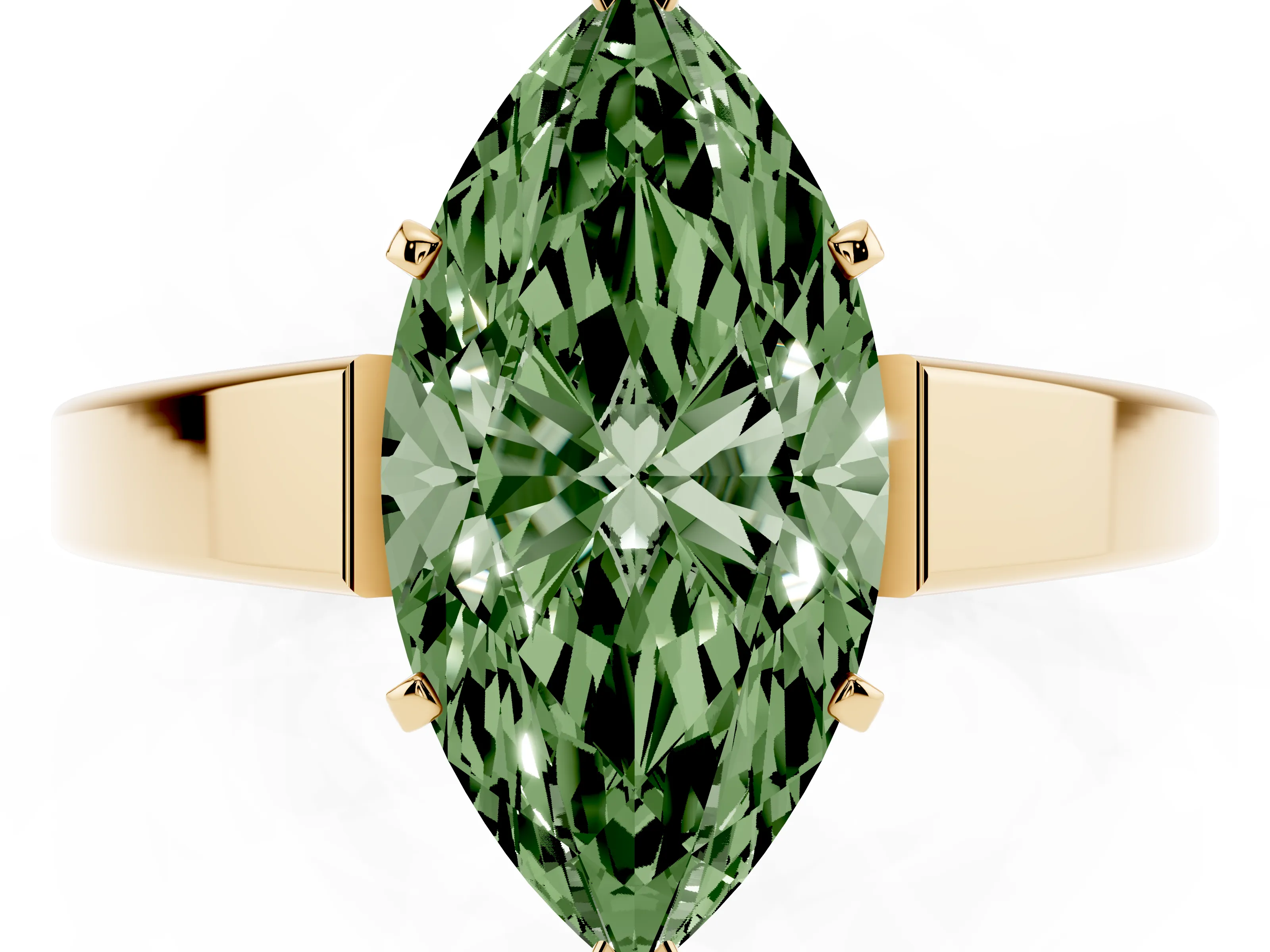 Fancy Green Marquise Cut Diamond Solitaire Engagement Ring Set in Yellow gold with Prong Setting and Tapered Band